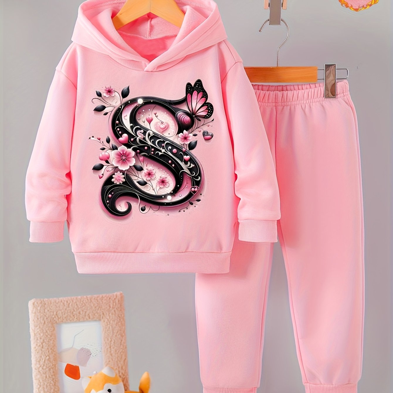 Toddler Girl Love Bear Print Hoodie Set, Autumn/ Winter, for Outdoor