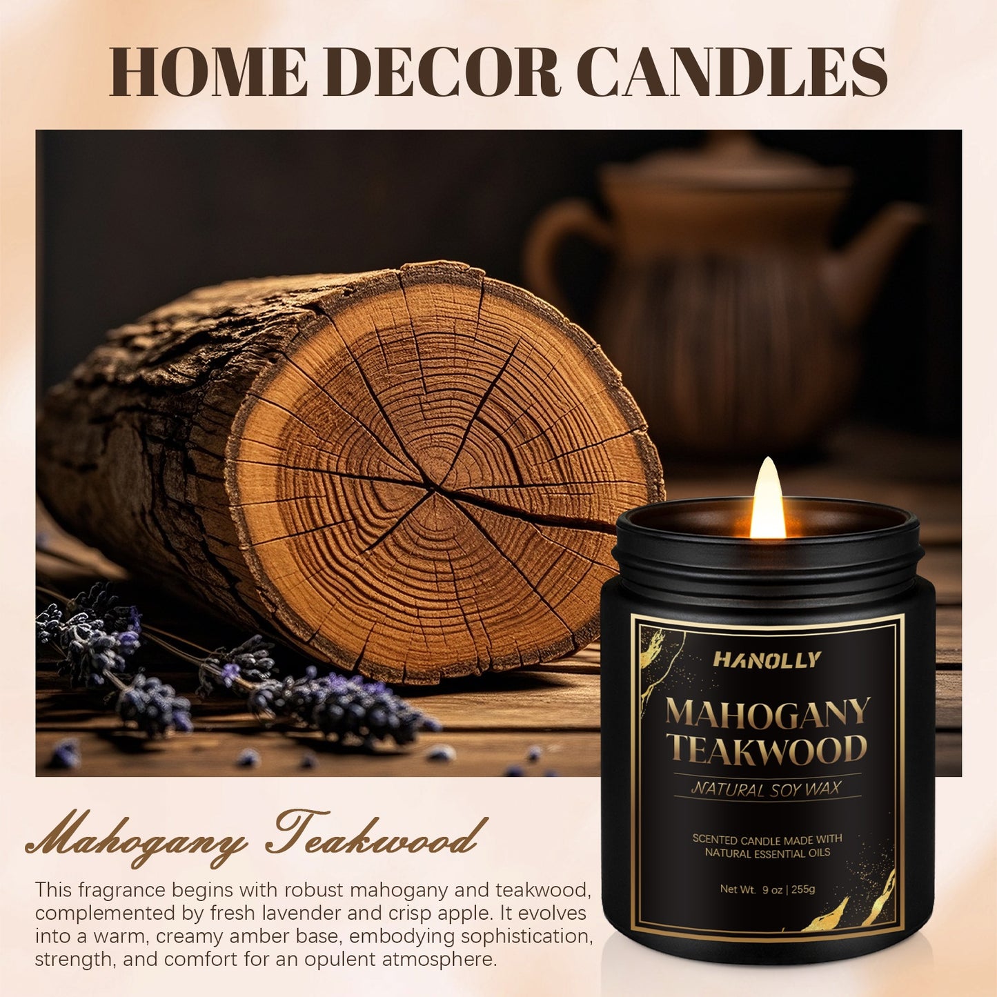 Mahogany Twakwood Candle | Masculine Candles For Men, Gifts For Men - Soy Candle For Home Scented - Scented Candles For Home, Gifts Long Lasting Burn Time - 9oz Black Jar, Christmas And Other Holiday Gifts, Gift For Men- Loca