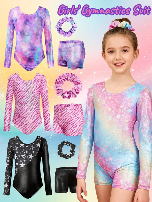 Girls' Gymnastics Leotard Set With Matching Shorts Hair Tie