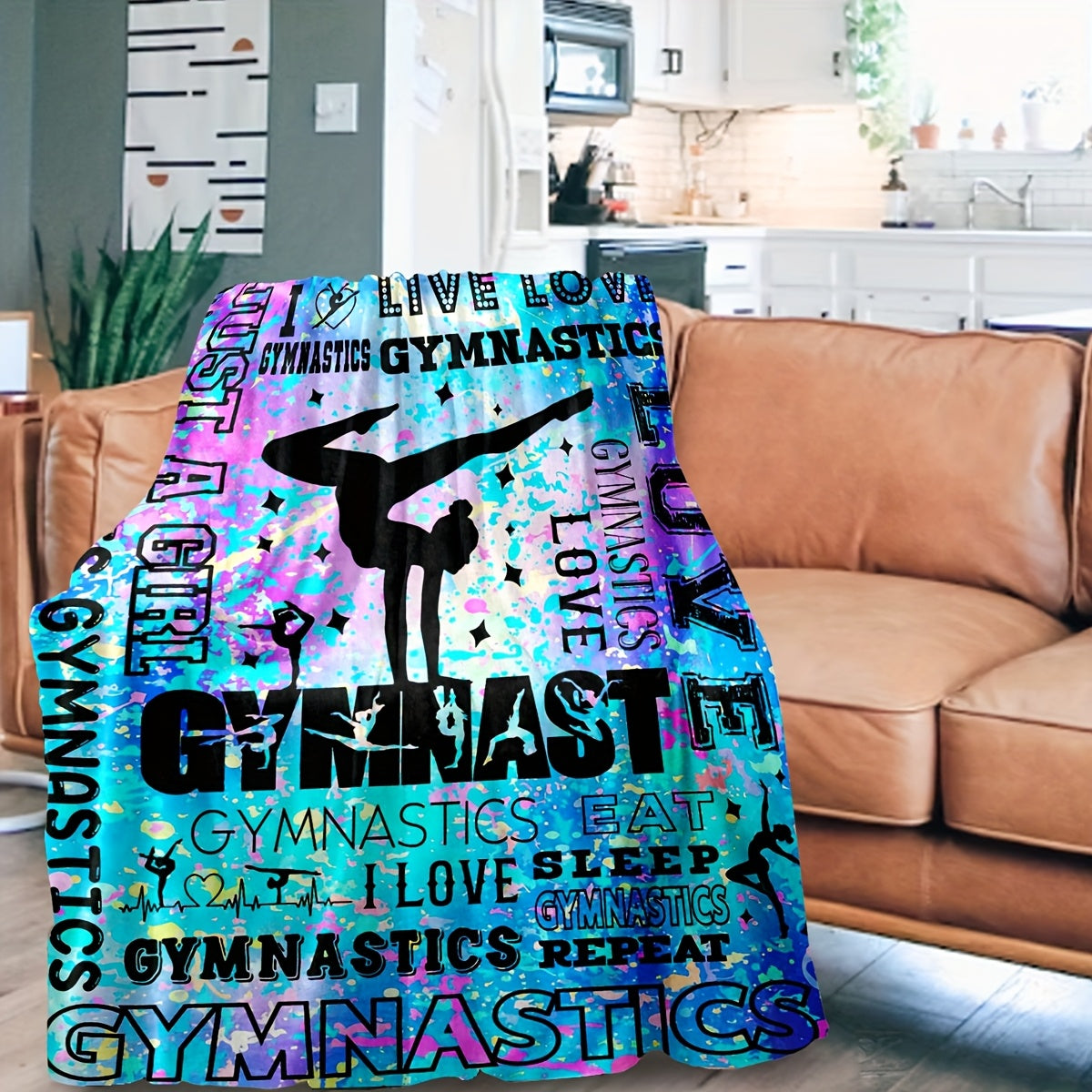 1pc Gymnastics-Themed Flannel Blanket | Soft All-Season Bedspread with Gymnast Silhouettes, Bars & Beam Design, Exercise Patterns - Ideal Gift for Gymnasts, Coaches, Fans, Available in Blue, Pink, Purple | Polyester, Machine