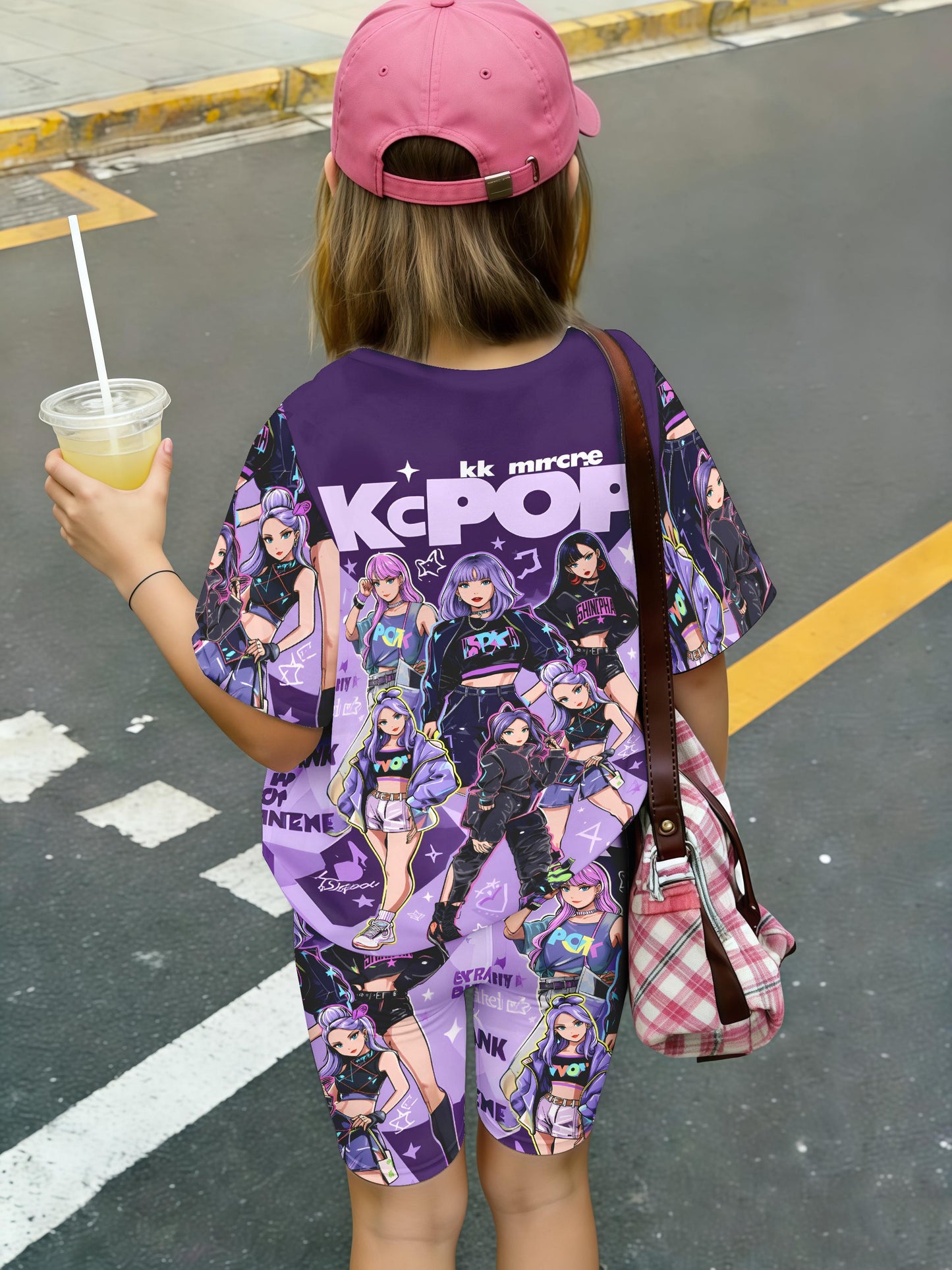 Girls 2Pc Polyester Print Short Sleeve and Shorts Set