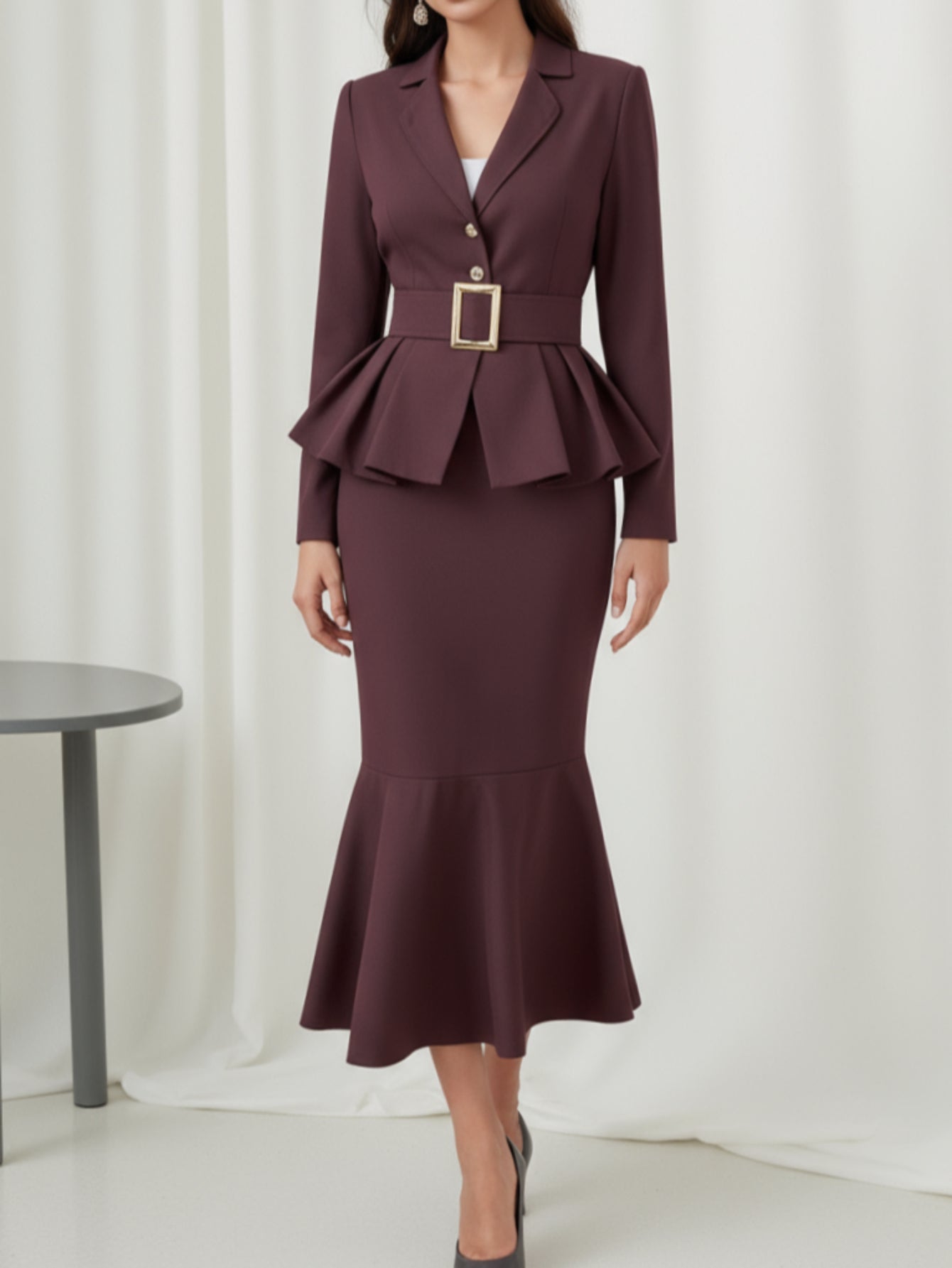 Women's Shawl Collar Ruffled Waist-Defined Midi Skirt Two-Piece Set | Suitable for Business Banquets, Formal Events, Creating an Elegant, Youthful and Sophisticated High-End Outfit