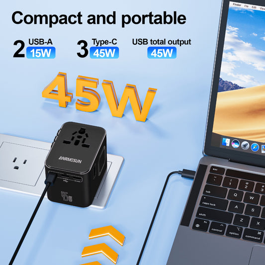 ANRMESUN PD 45W Travel Adapter with 5-Port USB-C/USB-A Power Delivery Charger, 2400W High-Speed Charging, 100-250V Wide Voltage, 10A Fast Charging, Global Plug (US/EU/UK/AU) - Compact & Durable Multiport Adapter for Europe, U