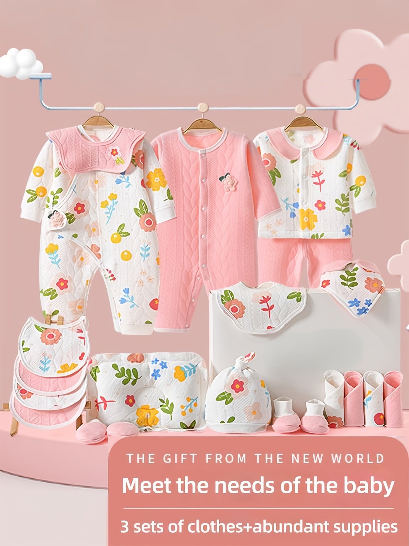 Baby Girl Clothes + Newborn Daily Necessities Complete Set, Total 22pcs, 3 Sets Of Clothes + Hat + Bib + Pillow + Hand And Foot Covers + Bibs, Baby Items, Baby Full Moon Autumn Long Sleeve Suit, Baby Romper, Local Warehouse,