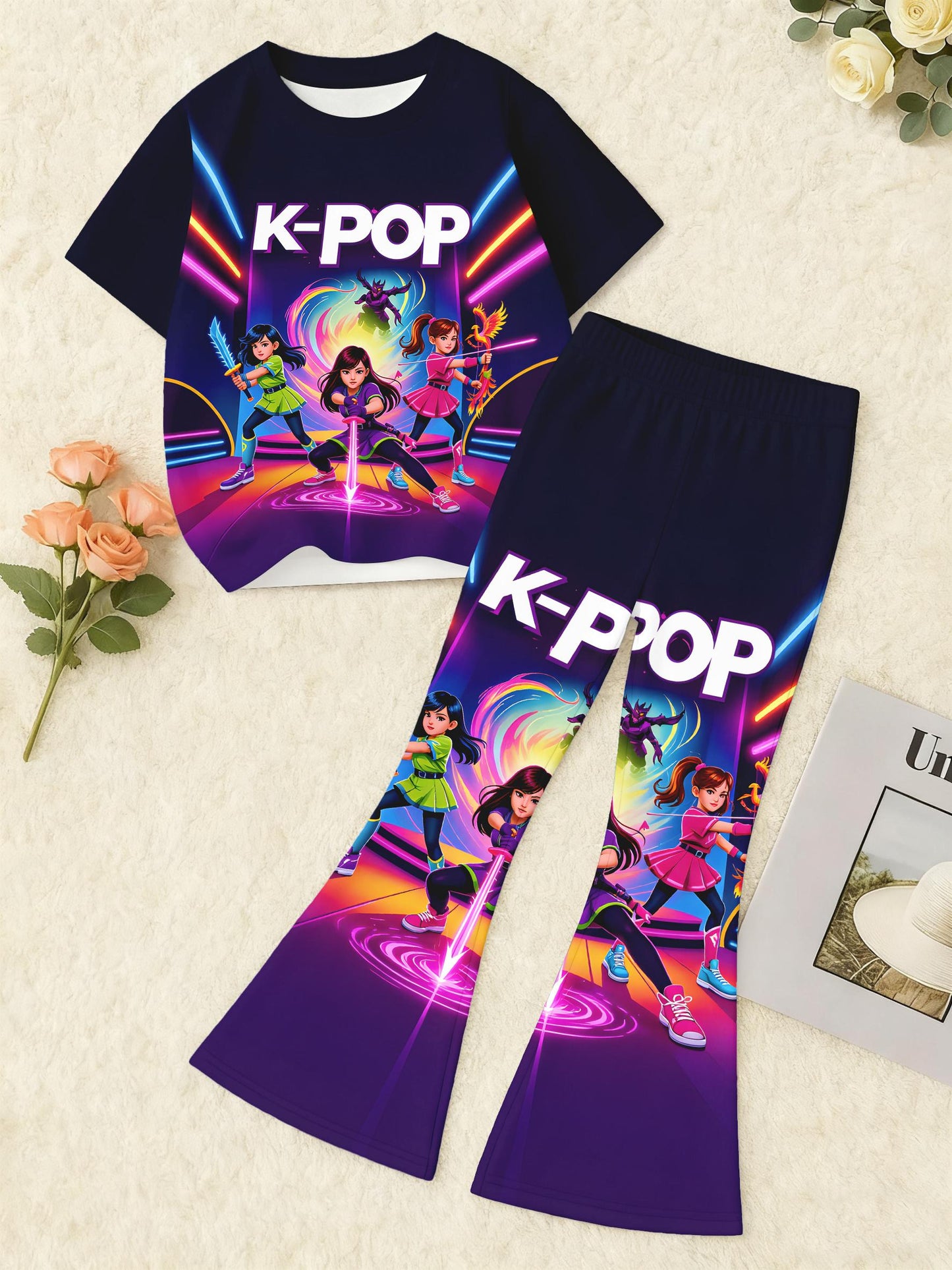 Girls K Idol Group Outfit Set 2 Pieces T Shirt and Flared Pants Breathable Casual Wear for K Drama Themed Outfits