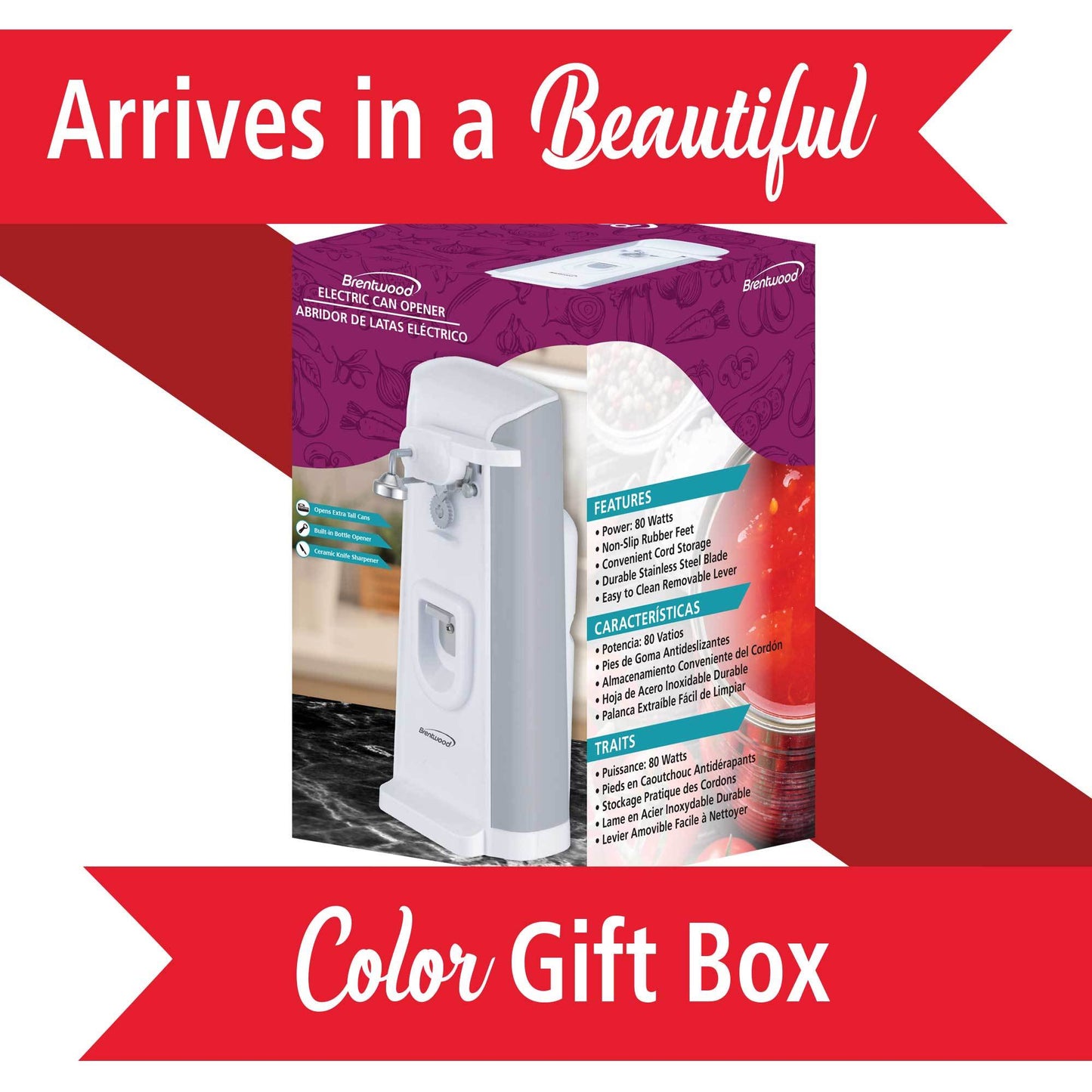 Brentwood Can Opener W/ Built-In Bottle Opener & Knife Sharpener - Wht