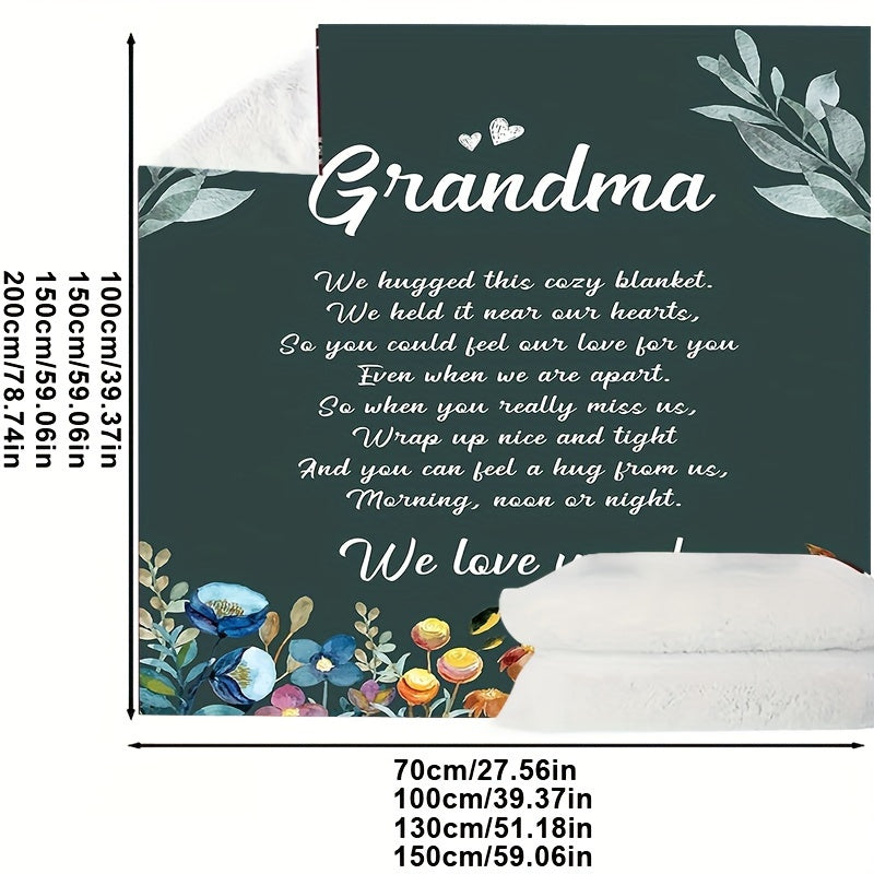 1pc Grandma Gift Blanket - Soft All-Season 30s Yarn Throw with Heartfelt "Grandma" Lettering & Floral Design, Golden Lettering on Dark Green - Sentimental Keepsake for Mother'S Day, Birthday, Christmas - Cozy Bedspread or Cou