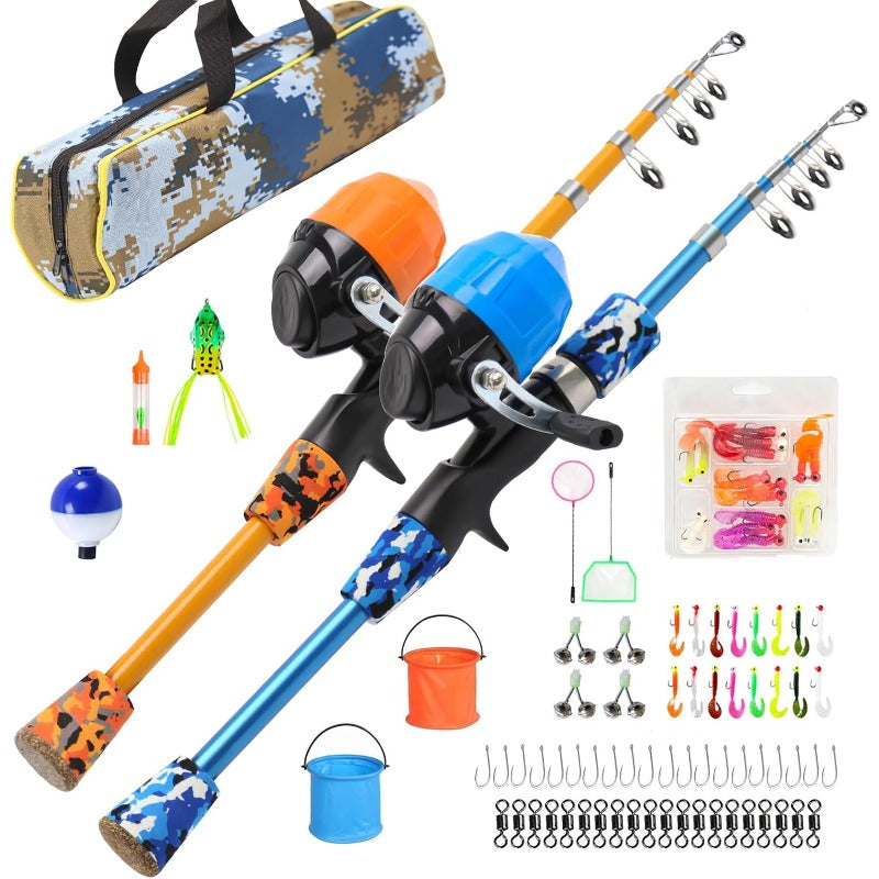 Fishing Rod and Reel Combo with Soft Bait Set, Collapsible Telescopic Pole, Pre- Line & Push Button Reel - Complete Fishing Kit for & Ages 6-10, Lightweight Portable Fishing Gear with Carry Case, Hooks, Swivels &
