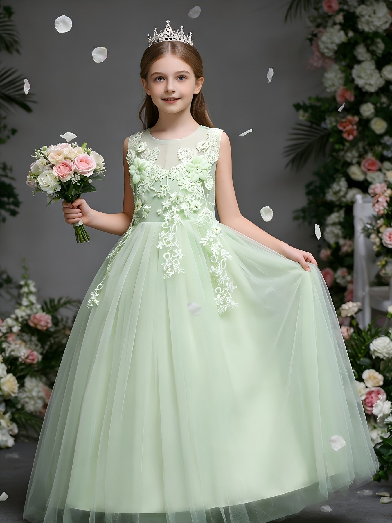 Girls Luxury Princess Dress With 3D Floral Lace Embroidery
