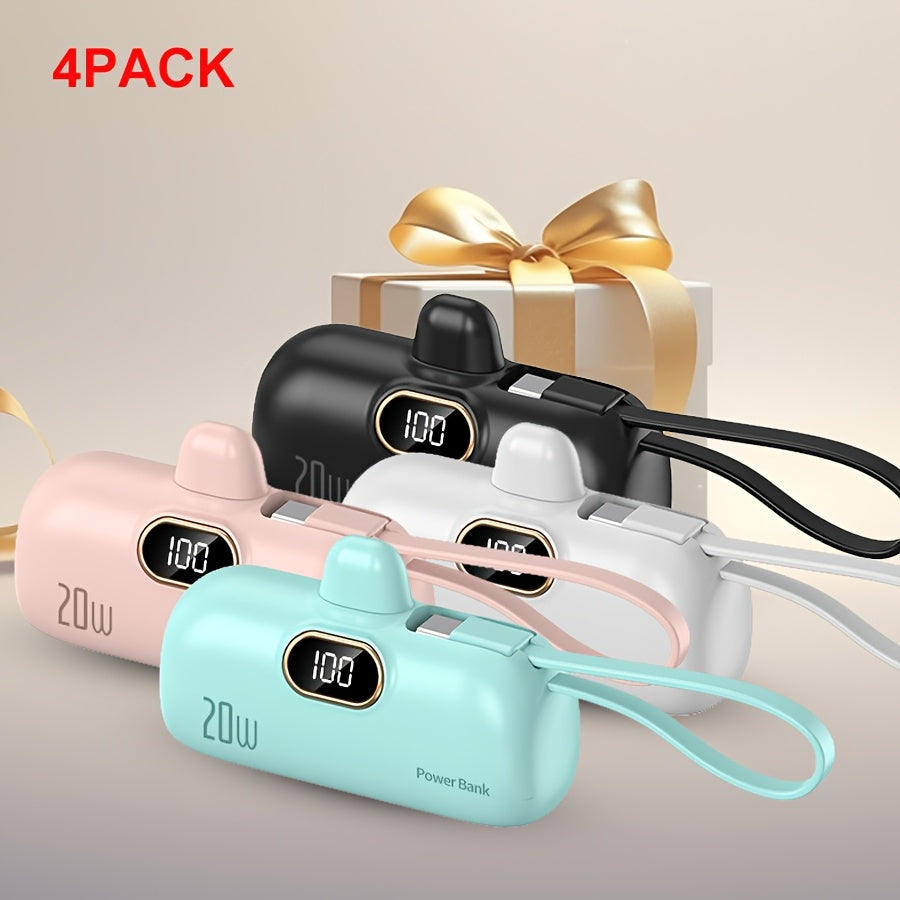 4pcs Portable Charger 5000mAh Power Bank PD Fast Charging Small Docking Battery with LED Display Compatible with Multipole Mobile Phones