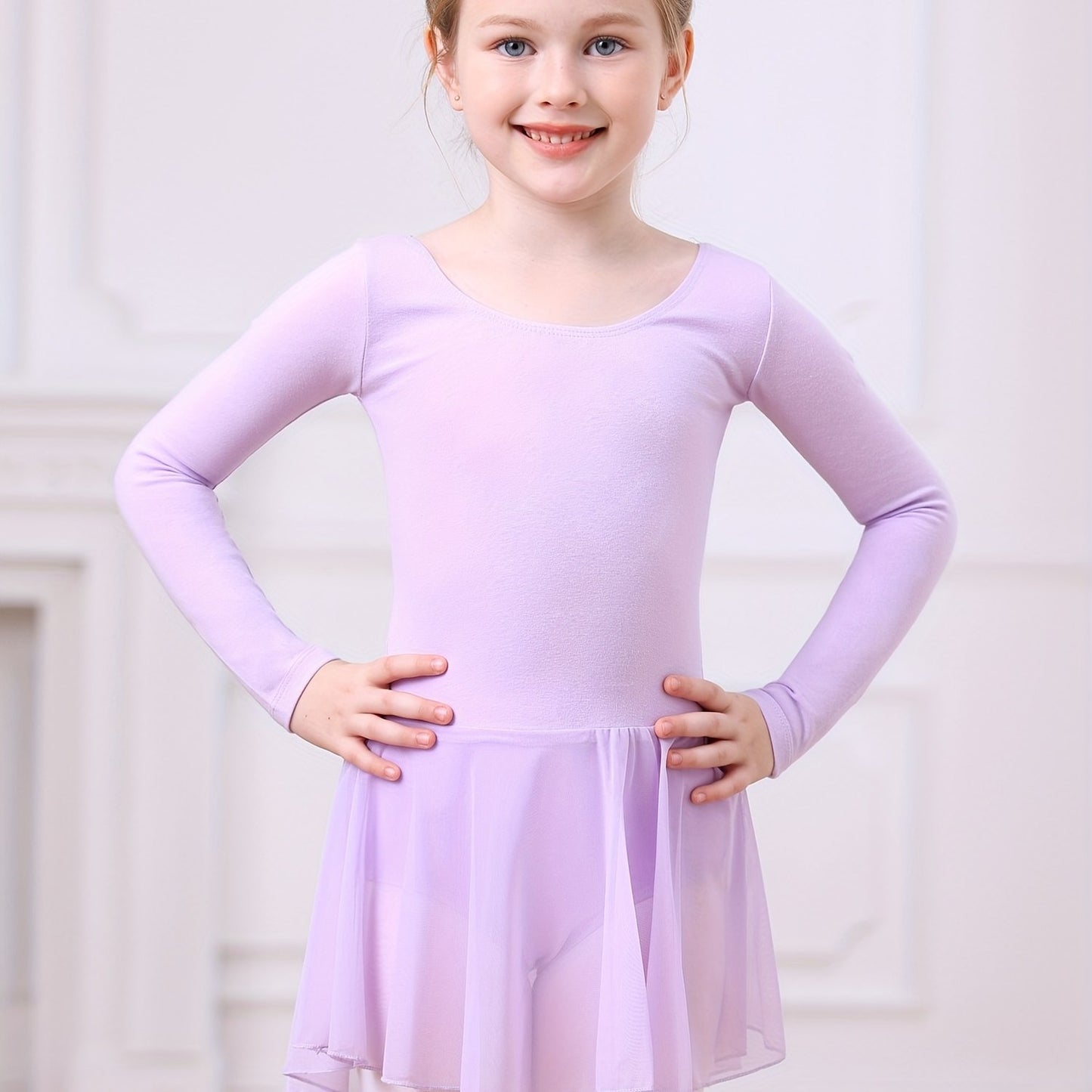 Christmas Gift Girls' Dance Dress - Long Sleeve Basic One-Piece Mesh Dress With High-Low Hem, Kids' Ballet Leotard Training Wear For Dance, Sports, Outdoor