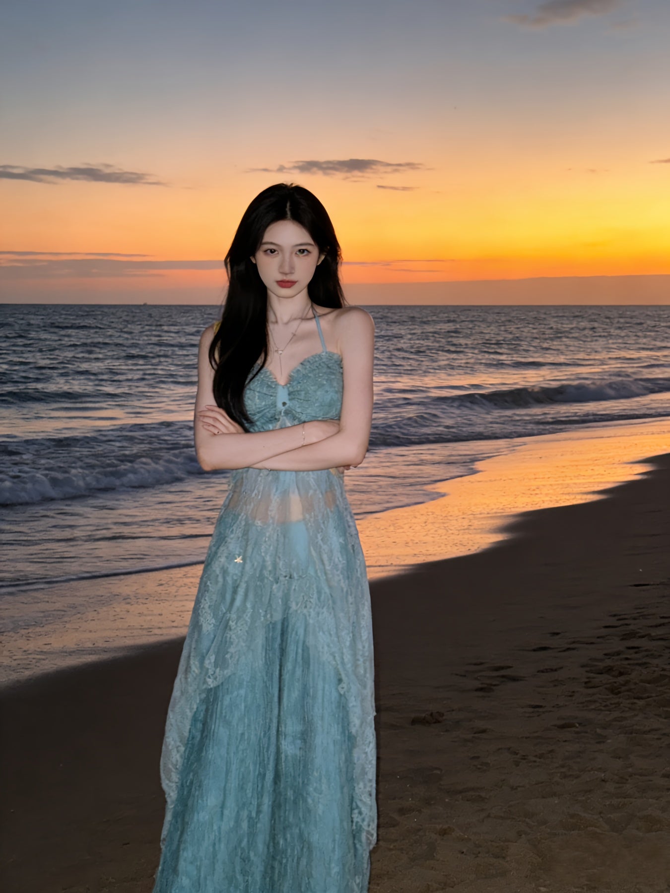 Cool-toned Halter Neck Camisole Dress | Mint Green Lace Sheer Waist-Cinching Maxi Dress, Soft Vibe Atmosphere Outfit, Asymmetrical Long Two-Piece Set, Ideal for Spring/Summer Vacation