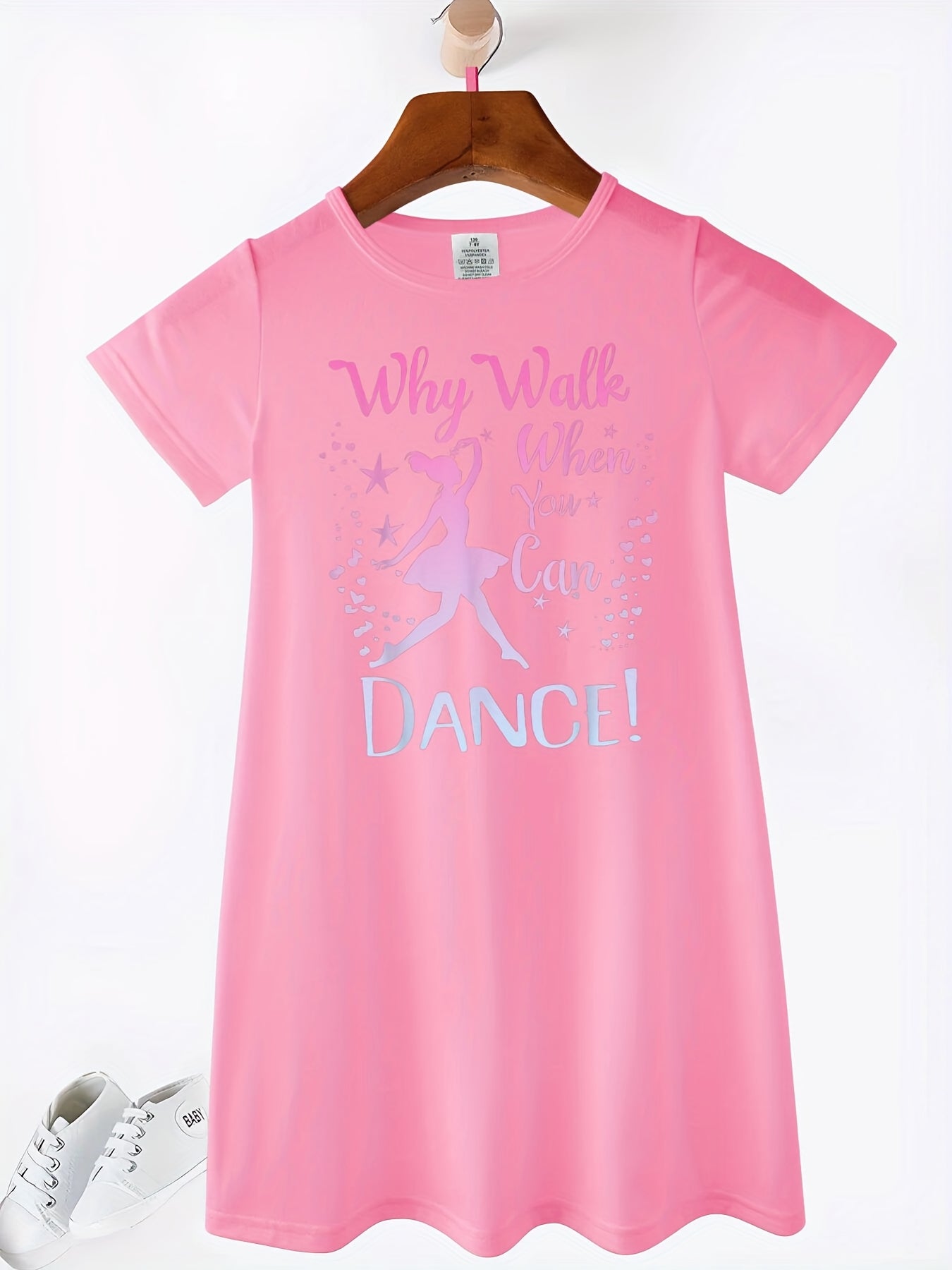 Girls Ballet Dance Recital Outfit - Pink tutu-like dress with "Why Walk When You Can Dance!" Phrase, Stretchy Knit tutu party dress for Ballet Performances, Photo Shoots - Machine Washable Birthday Girl Dance, Ballet Dress, C