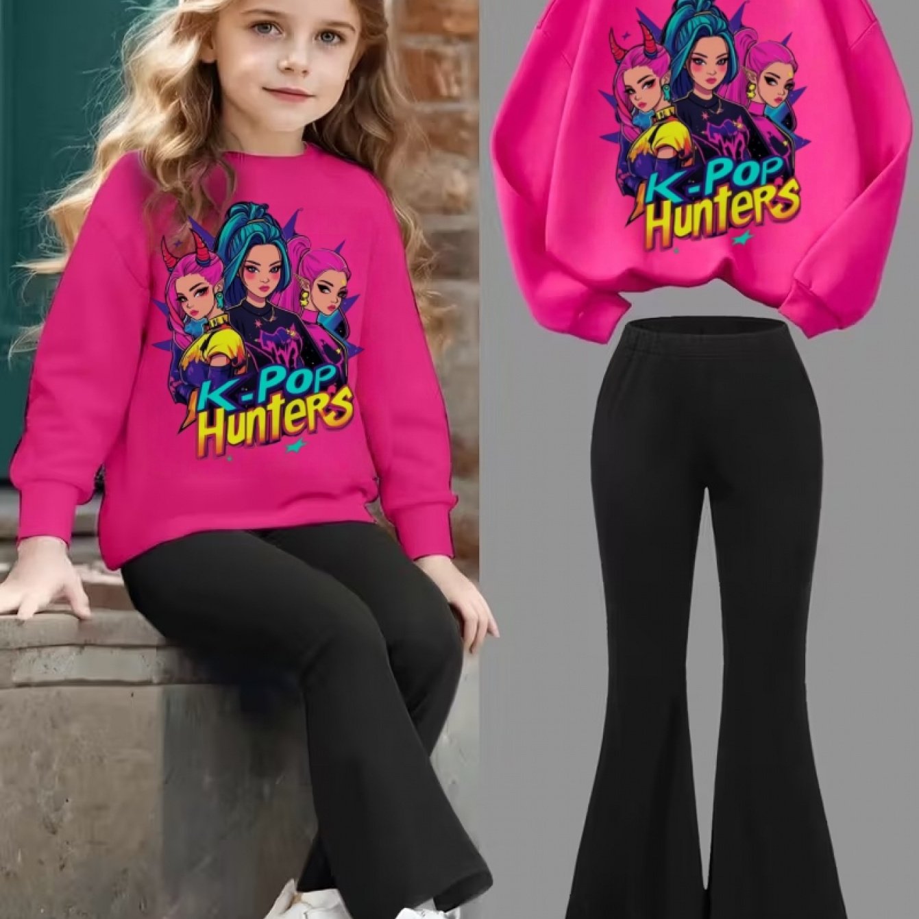 Two Piece Girls Sweatshirt And Flared Pants Set With 3D Printed KPOP Pattern For Ages 3-12 Polyester Machine Washable