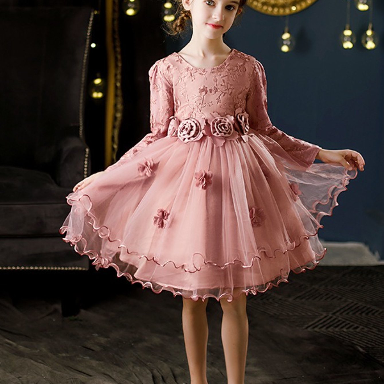 [Princess Style Girls' Dress] Emerald Green Princess Style Lace Long Sleeve Girls' Dress | Floral Waist Tiered Skirt Party Dress for Special Occasions & Daily Wear