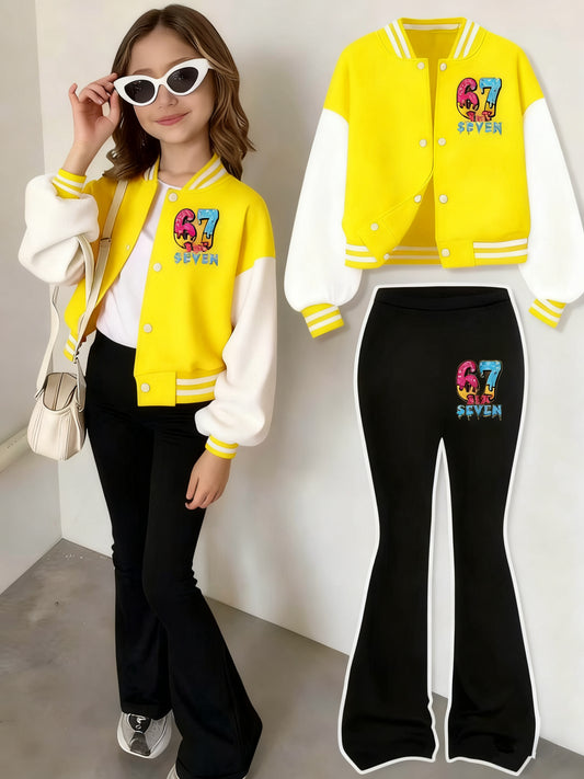2pcs set, girls' jacket and flared pants set, 3-12 years old, autumn and winter, colorful, number 67, 3D printing, polyester blended with spandex fabric, K-pop style, suitable for holiday parties, creative gifts, daily casual