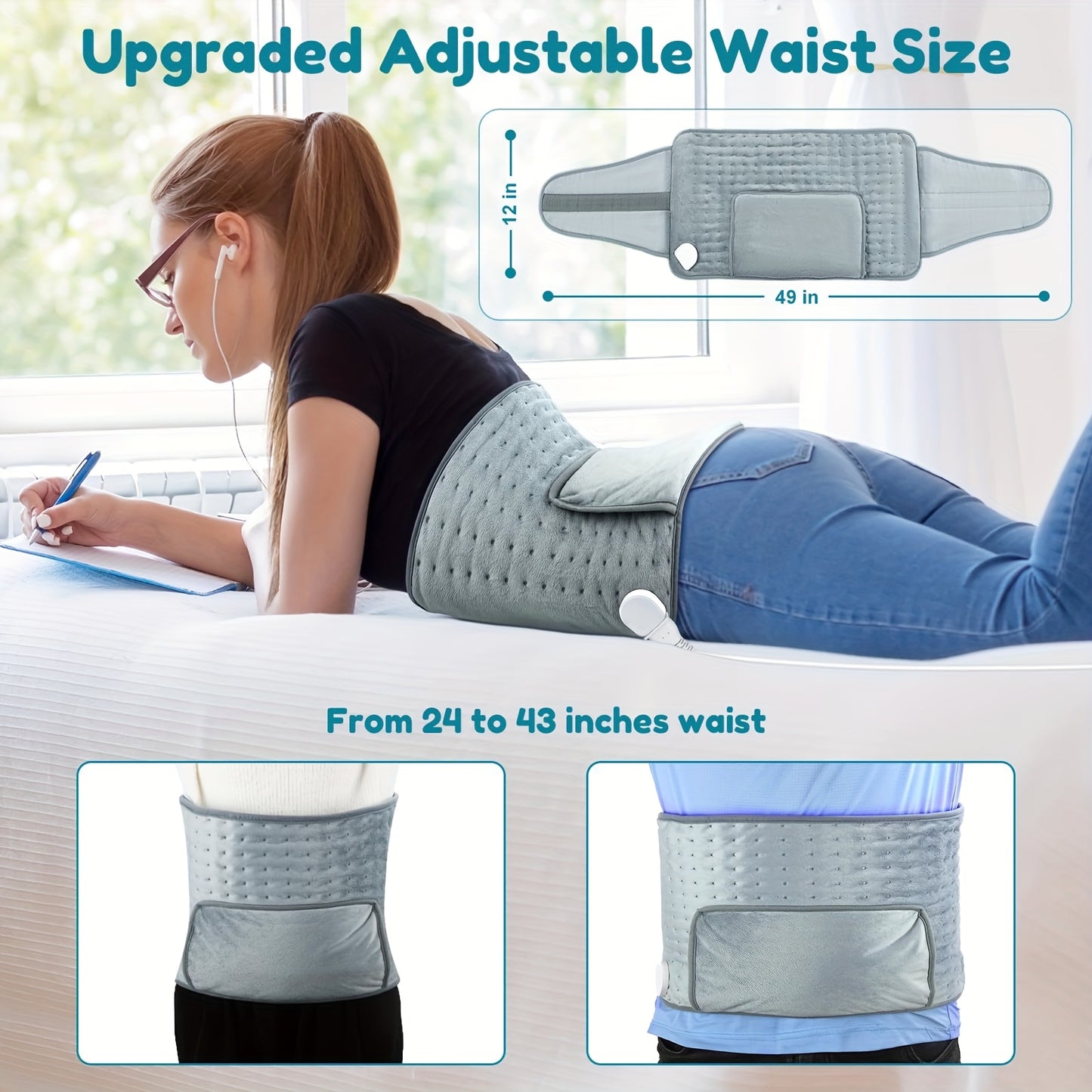 Electric Heating Belt With Six Settings And Four Timers Adjustable Waist 24 To 45 Inches Fast Heating And Washable Belt
