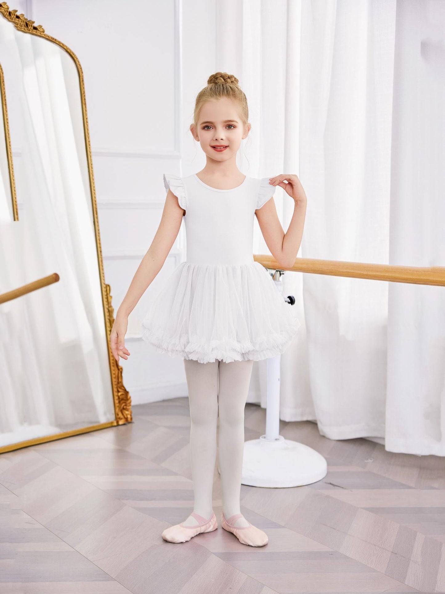 Girls' Ballet Tutu Dance Dress with Cross-Back Design & Ruffled Sleeves - White A-Line Leotard for Ballet, Gymnastics, Recitals - All-Season Comfort, Round Neck, Solid Color, Ballet Dress, Gymnastics Attire, Elegant Dancewear