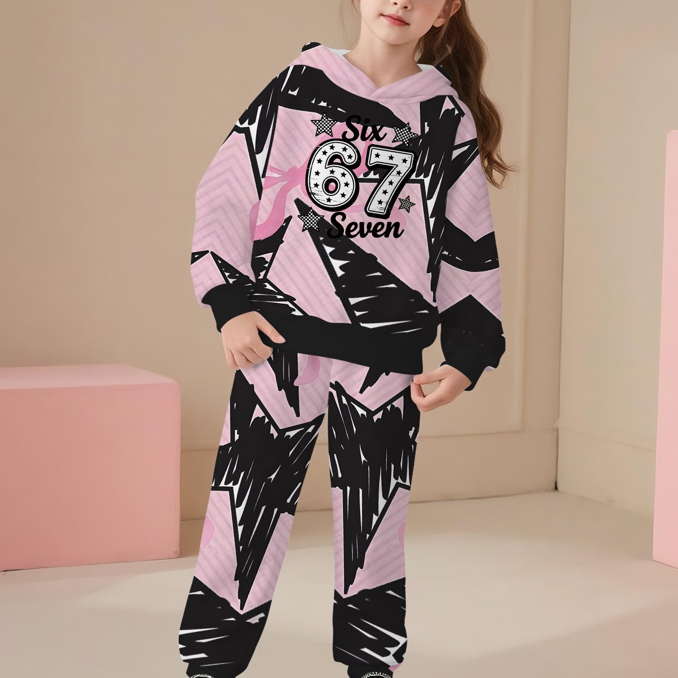 Pink and Black Graffiti Style 67 Set 2pcs Set for Girls 3D Printed Hoodie and Long Pants, Fashionable Trendy Casual Children's Clothing, Suitable for Girls Going Out, Perfect Gift for Girls, Perfect for Outdoor
