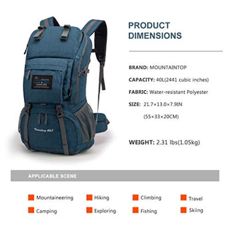 40L Hiking Backpack with 3L Hydration Bladder for Women and Men Outdoor Travel Camping Day Pack with Rain Cover 21.7 x 13 x 7.9 in Blue Sky