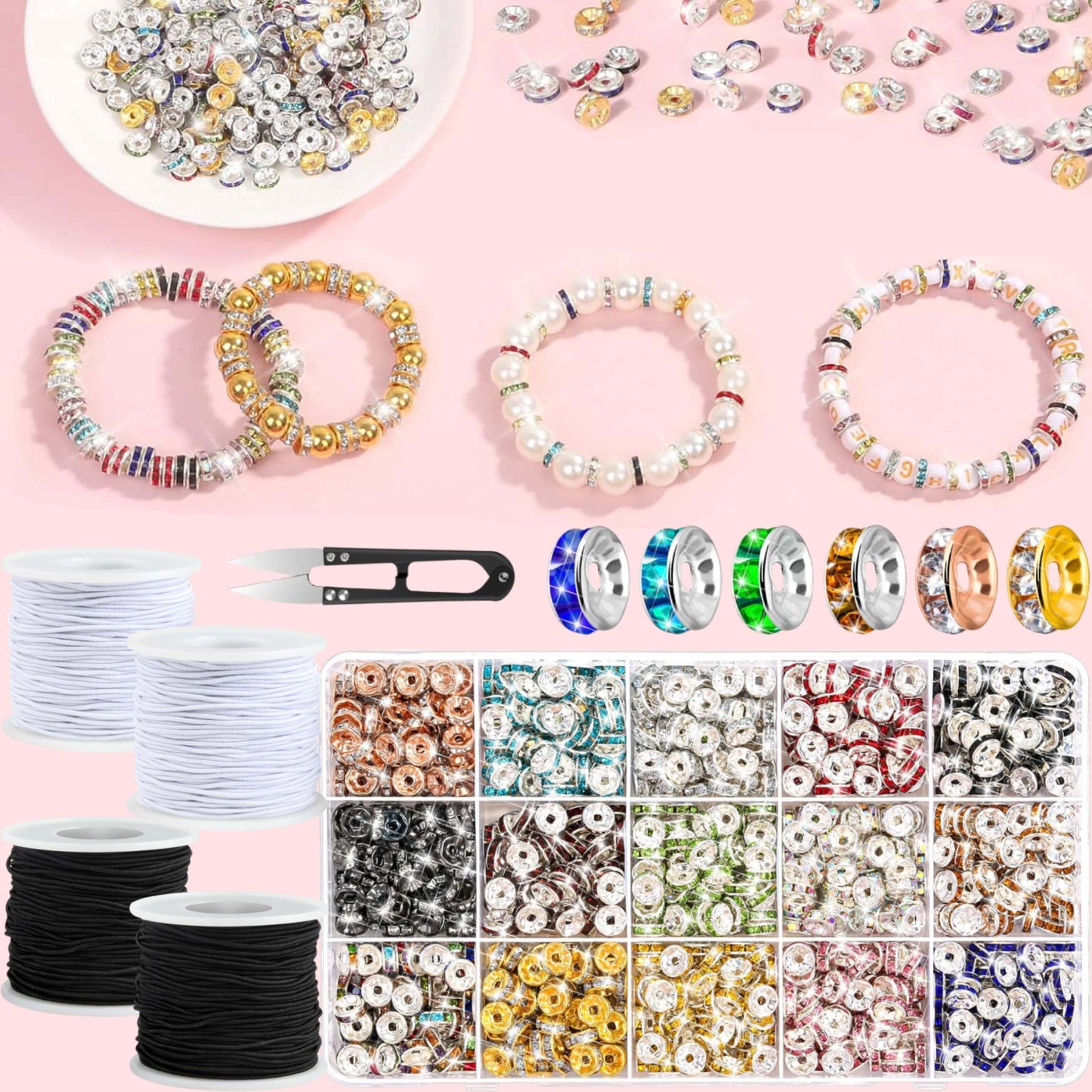 Jewelry Making Kit With Scissors And Elastic Ropes In Two Colors Beads For Pendants Bracelets Necklaces Phone Chains