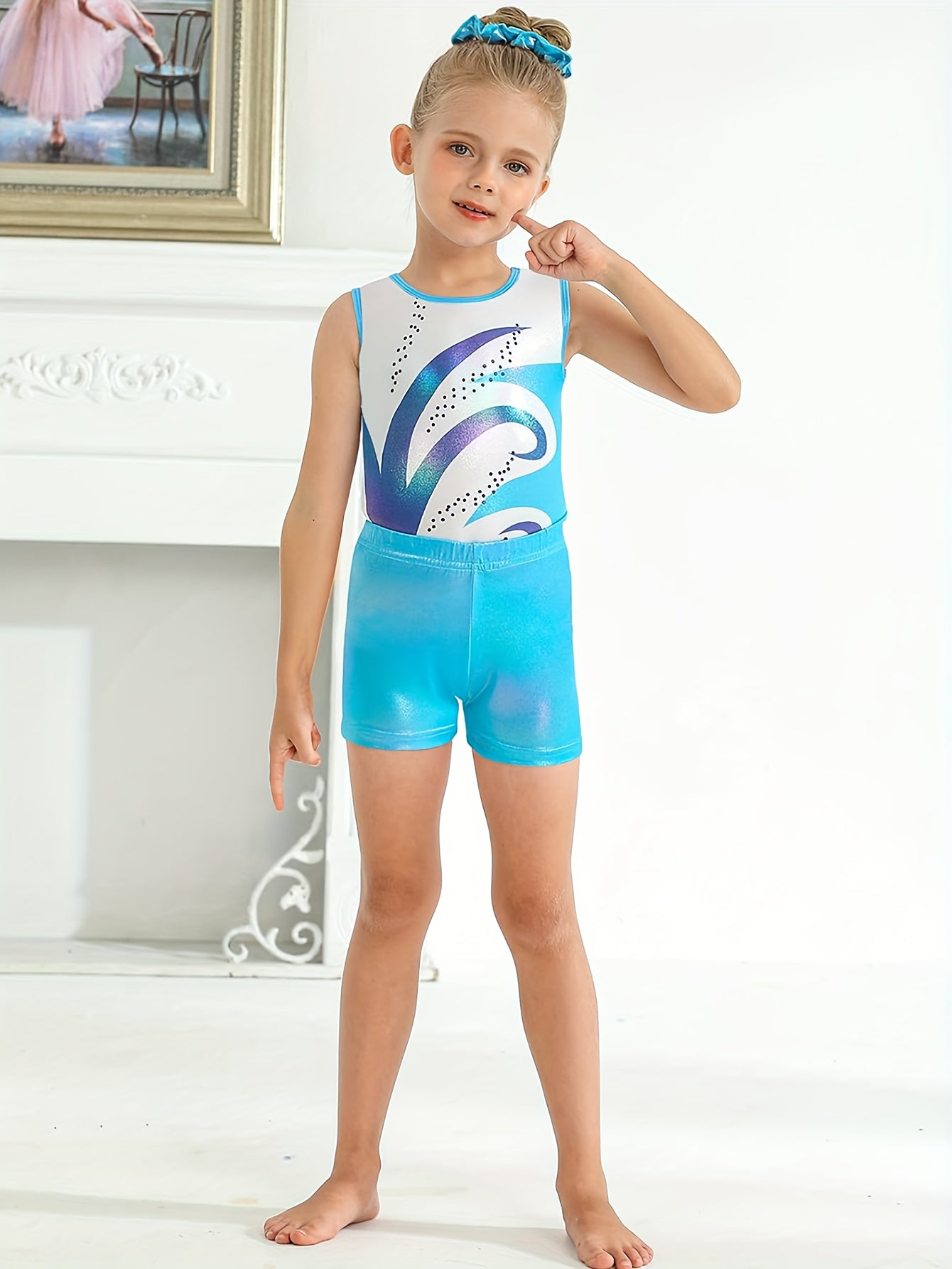 Girls' Sleeveless Gymnastics Leotard with Sparkling Blue & Purple Swirl Design + Light Blue Shorts & Hair Tie - Breathable Stretchy Fabric for Dance, Gymnastics, Christmas Parties, Gymnastics Attire, Sleek Fitted Design, Medi