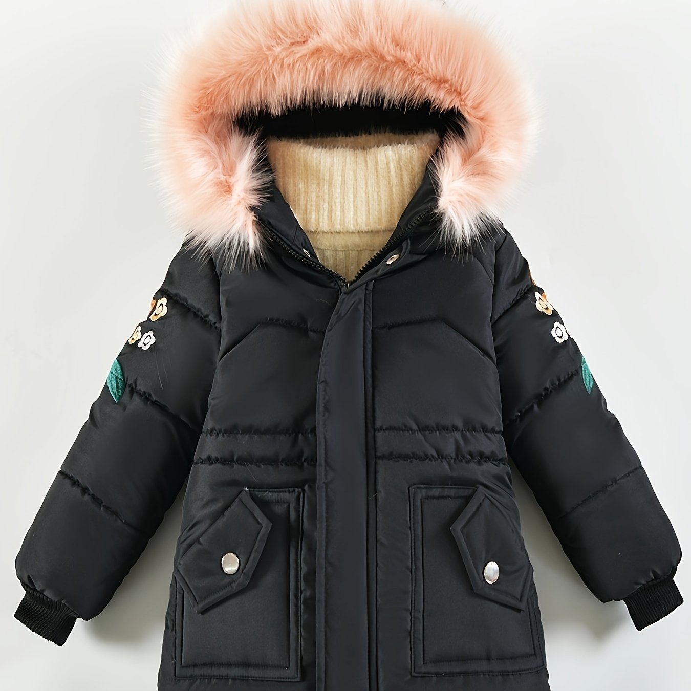 [Pink Winter Parka] Winter Pink Girls' Parka | Thickened Warm Jacket with Faux Fur Hood, Zip-Up Outerwear, Polyester, Machine Washable, 3-7Y, Cozy Youngsters Outerwear, Floral Winter Coat, Plush Lined Comfort