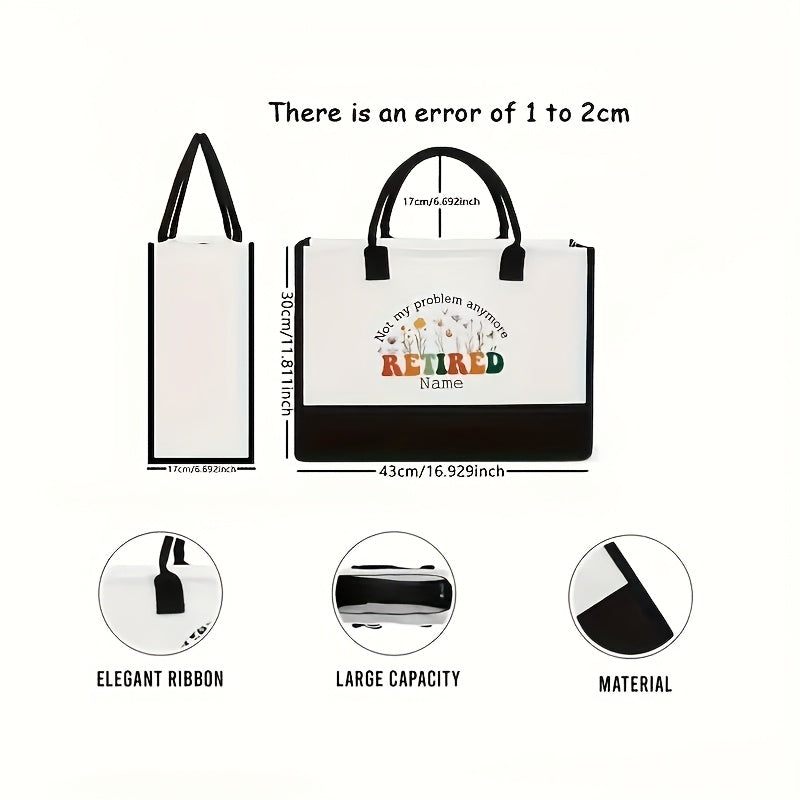 1pc Personalized Retired Not My Problem Anymore Tote Bag - Custom Name/Text, Large Open-Top Beach Bag with Floral design, Durable Polyester Gift for Women, Retirement, Birthday, Farewell - Funny Retirement Present for Coworke