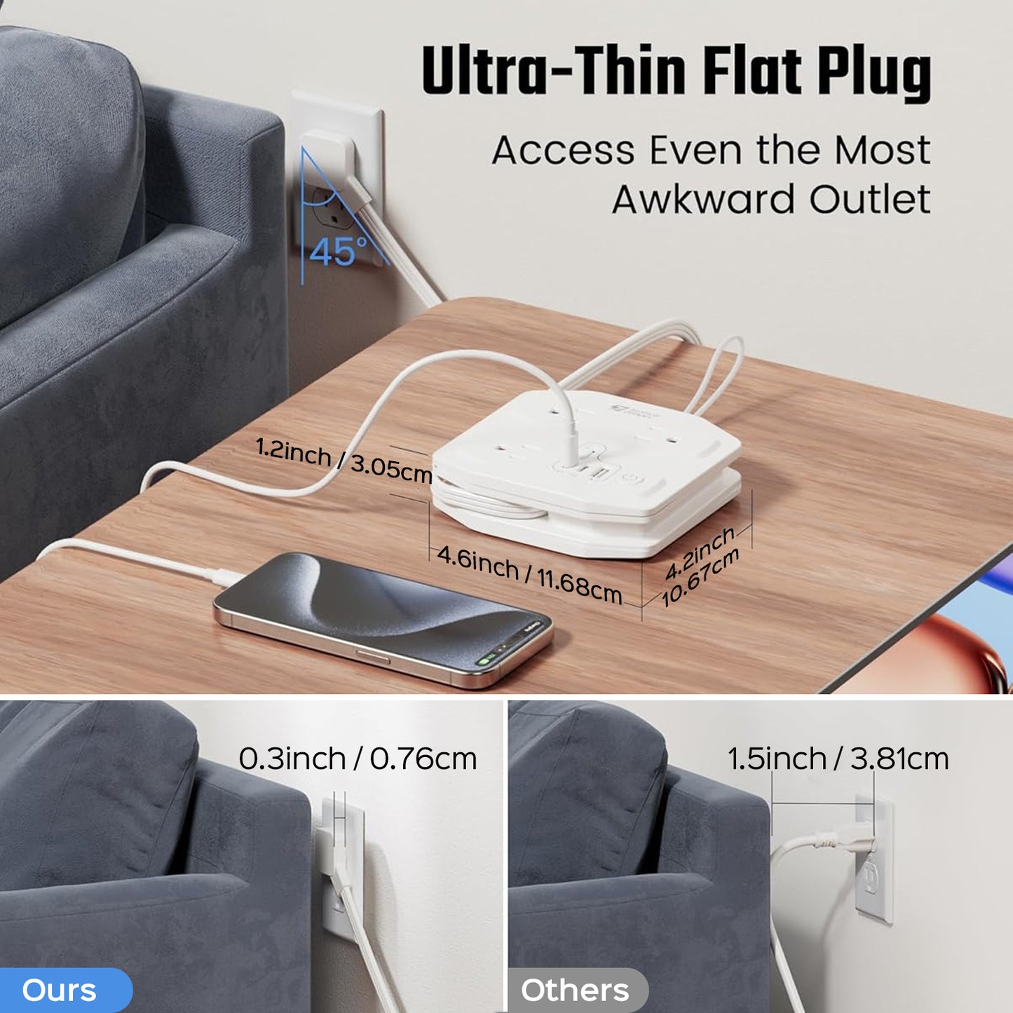 3 Outlet USB Power Strip With 3 USB Ports And 35W Fast Charge Cruise Approved Portable Cord Wrap Travel Extension Cord