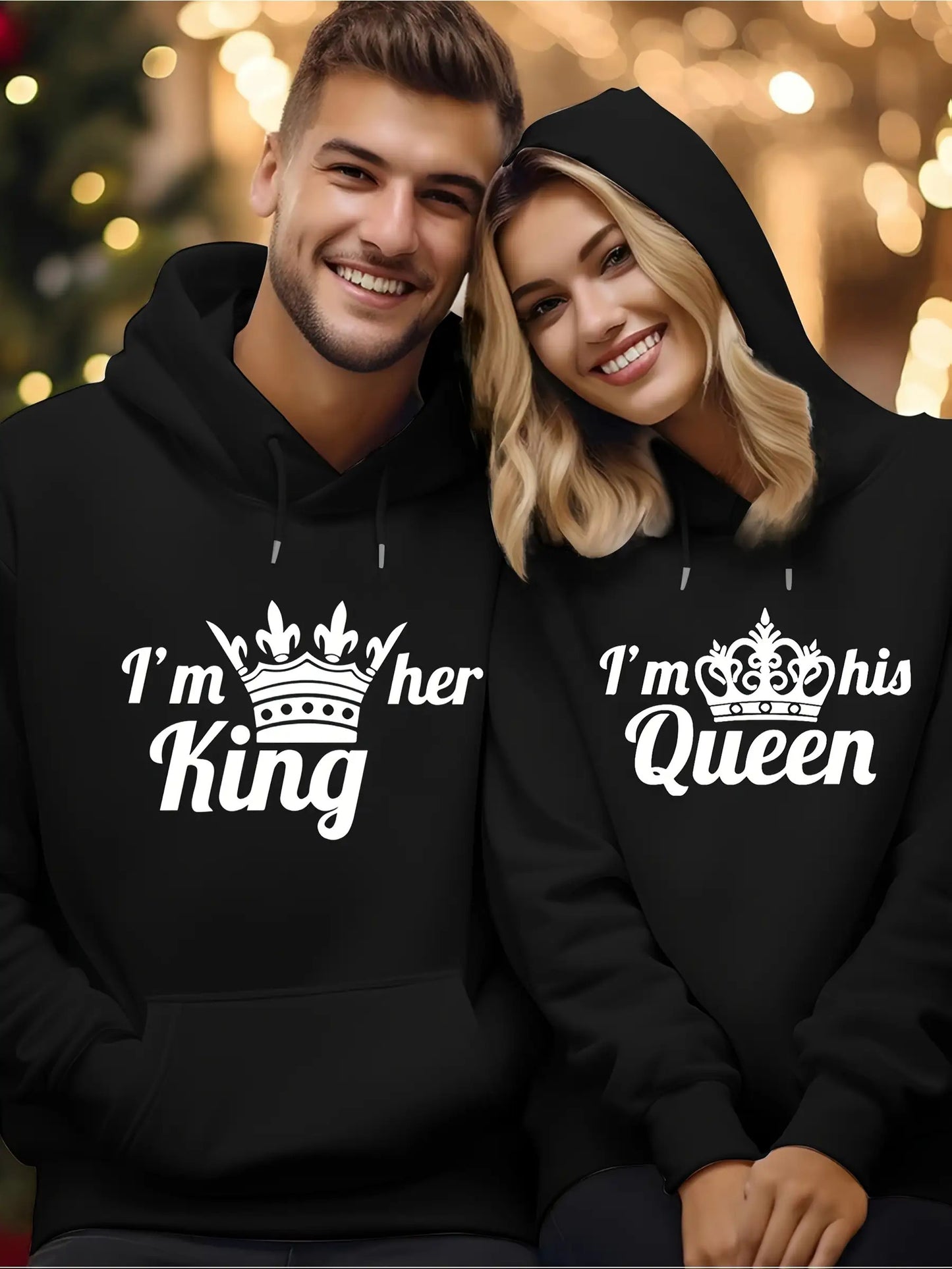Men's Plus-Size "I'm Her King/His Queen" Couples Sweater - Double-Sided Printed Matching Outfits, Soft Blend Fabric, Loose-Fit Hooded Pullover for Travel & Casual Wear, Machine Washable (Red/White Text) - Valentine's Day Gift