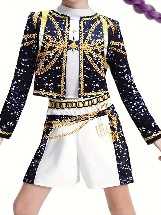 3pcs Set "Pop Singer" Outfit Set, Including Shiny Golden Jacket, Skirt, and Heart Balloon Accessories- Slim-Fit Short Sleeve Set, Suitable for Birthday Performances, Halloween, Christmas Concerts, and Photography, Perfect for