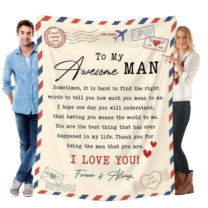 1pc to My Awesome for man Couples Blanket | Extra Long 5x8ft Flannel Bedspread - Romantic Gift for Husband, Boyfriend, Dad - Soft Beige & Red Love Notes - All-Season Keepsake - Ideal for Anniversary, Birthday, Valentine'S - H