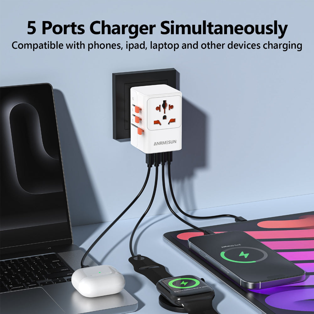ANRMESUN 65W Travel Adapter with 4-Port USB Charger (2 USB-C) & Global Voltage 100-240V - Heavy Duty Power Adapter with US/EU/UK/AU Plugs, Compact Cube Design, Overload & Short Circuit Protection, Compatible with Europe, UK,