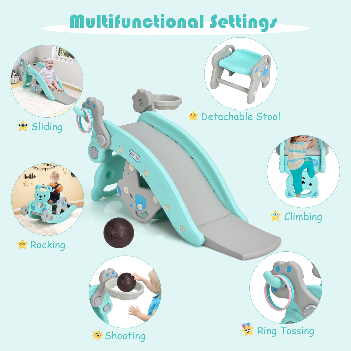 COSTWAY 6 In 1 Toddler Rocking Horse Slide Playset