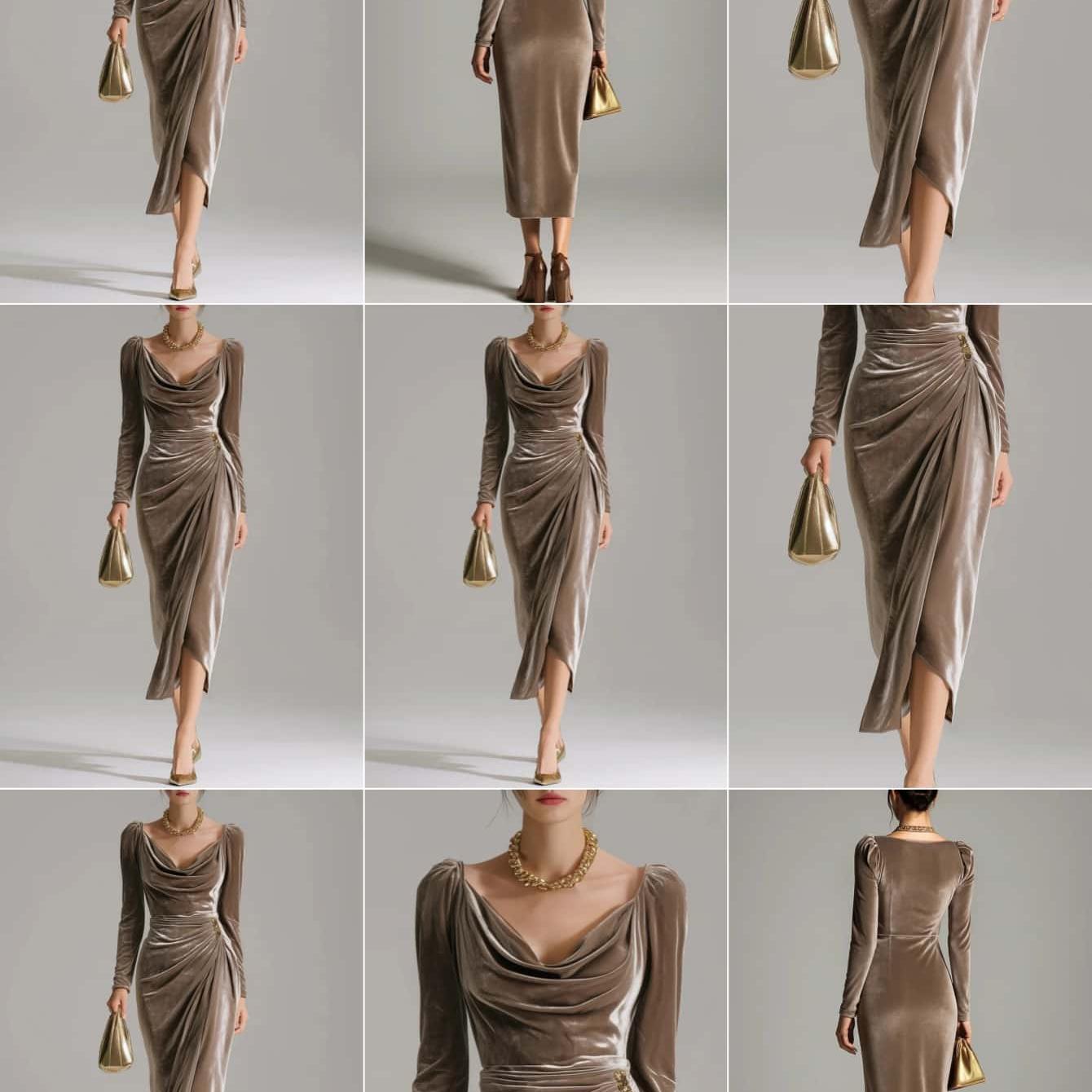 Velvet Midi Dress for Holiday Parties, Deep Brown Cowl Neck Gown with Asymmetric Hem, Stunning Christmas Party Dress with Golden Accent