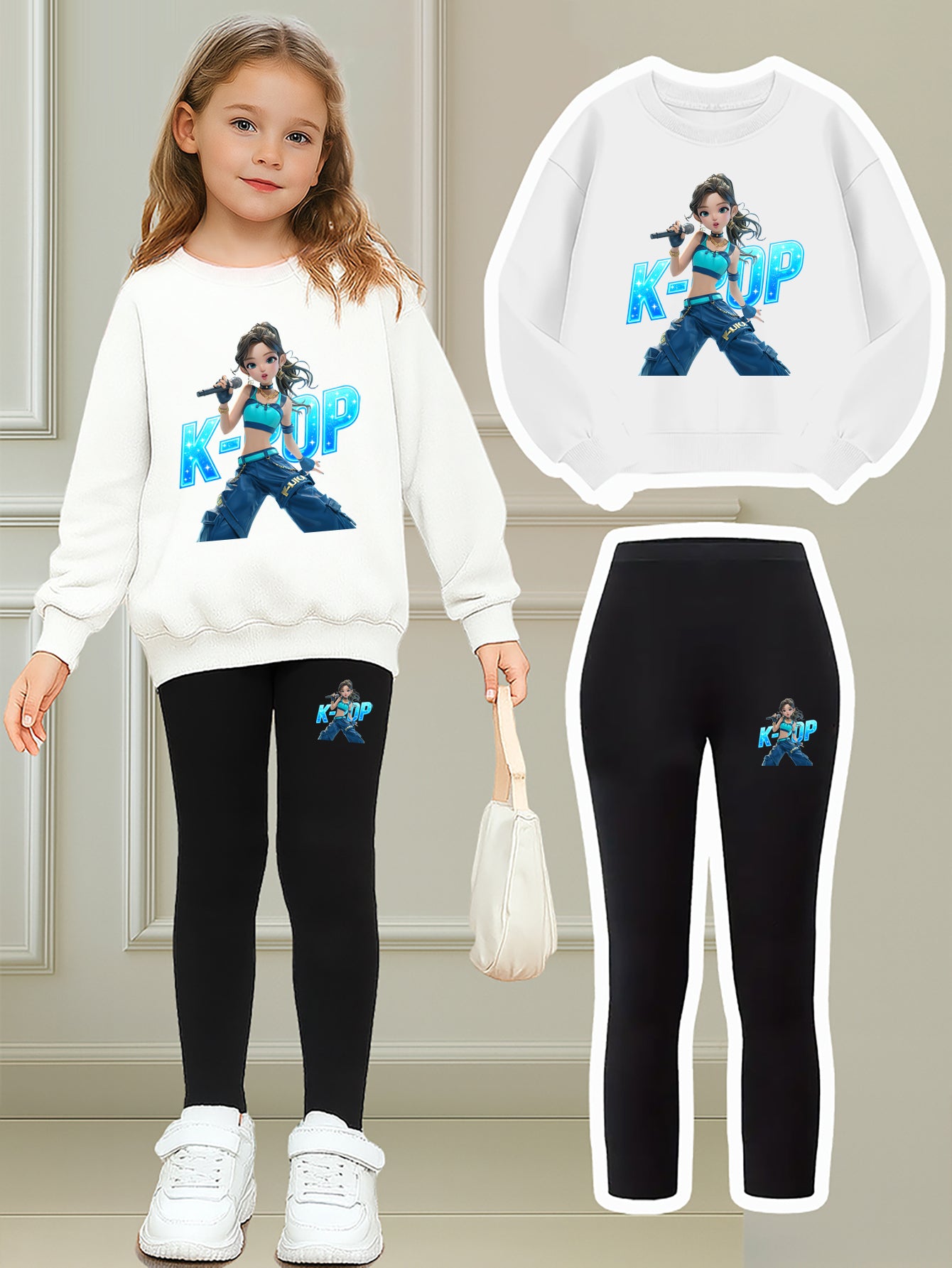 K-Pop Element Girls Two-piece Set | Girl Idol Group Anime Print Sweatshirt + Tight Pants | Trendy Brand Daily Wear | Perfect Birthday Gift for Girls, for Outdoor
