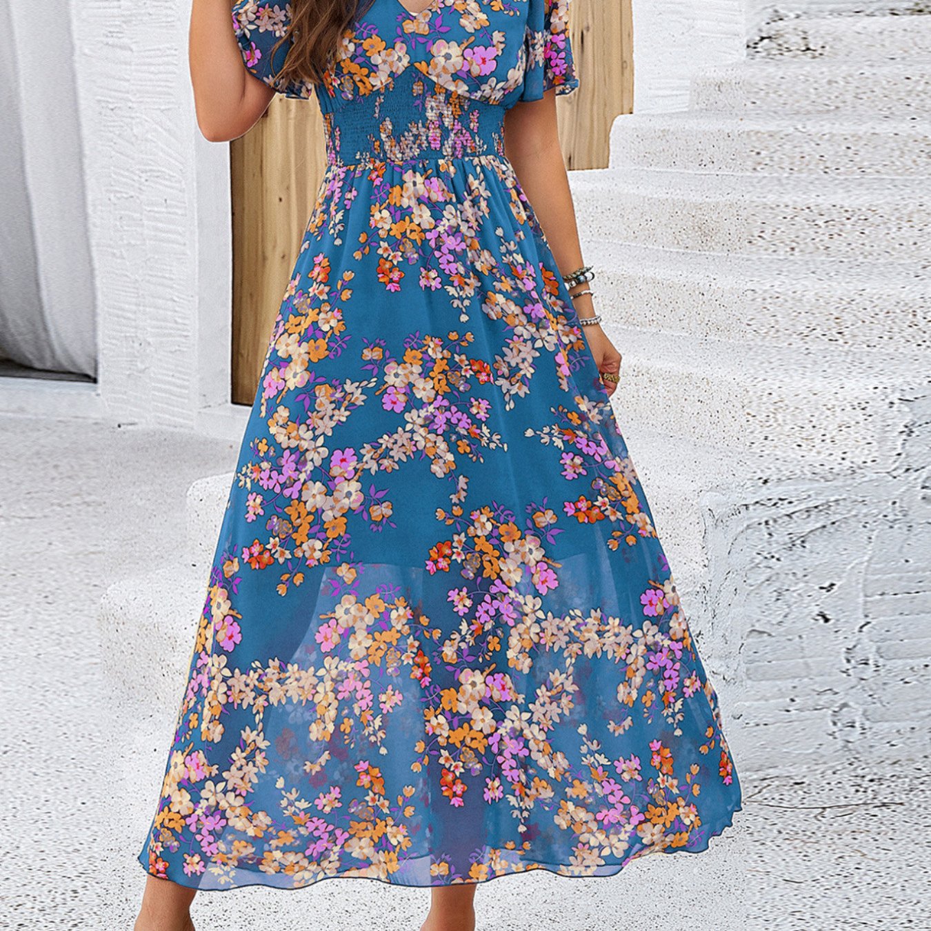 Women's Printed Waist Tied Dress Short Sleeve Elegant Spring Summer Bodycon