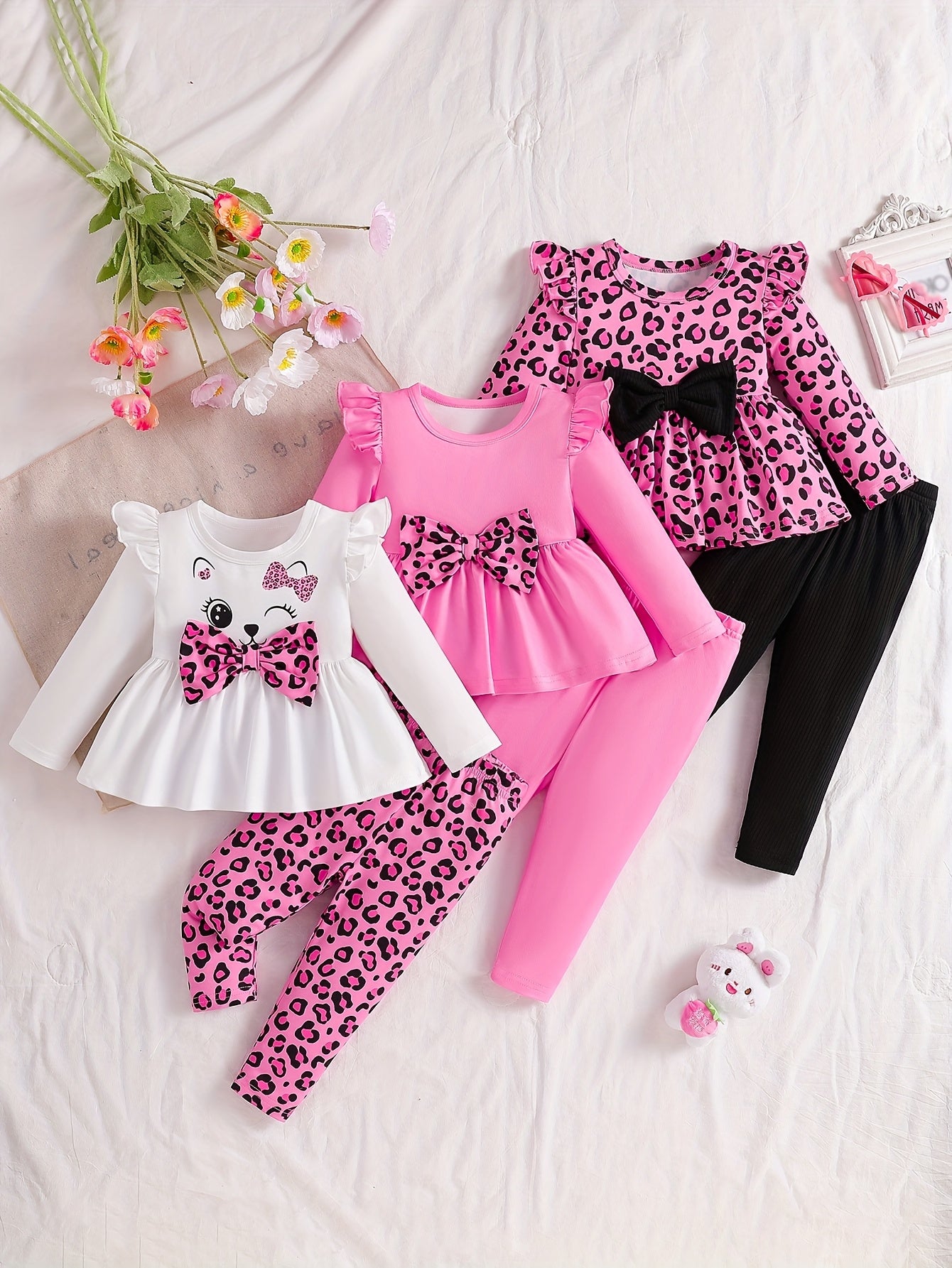 Baby Products, Newborn Baby Girl Clothing, Girl's Clothing, Baby Girl Autumn And Winter Flying Sleeves, Leopard Print Bow, Round Neck+same Series Long Single Pants 3pcs Combination Set, Children's Halloween , Halloween , Perf