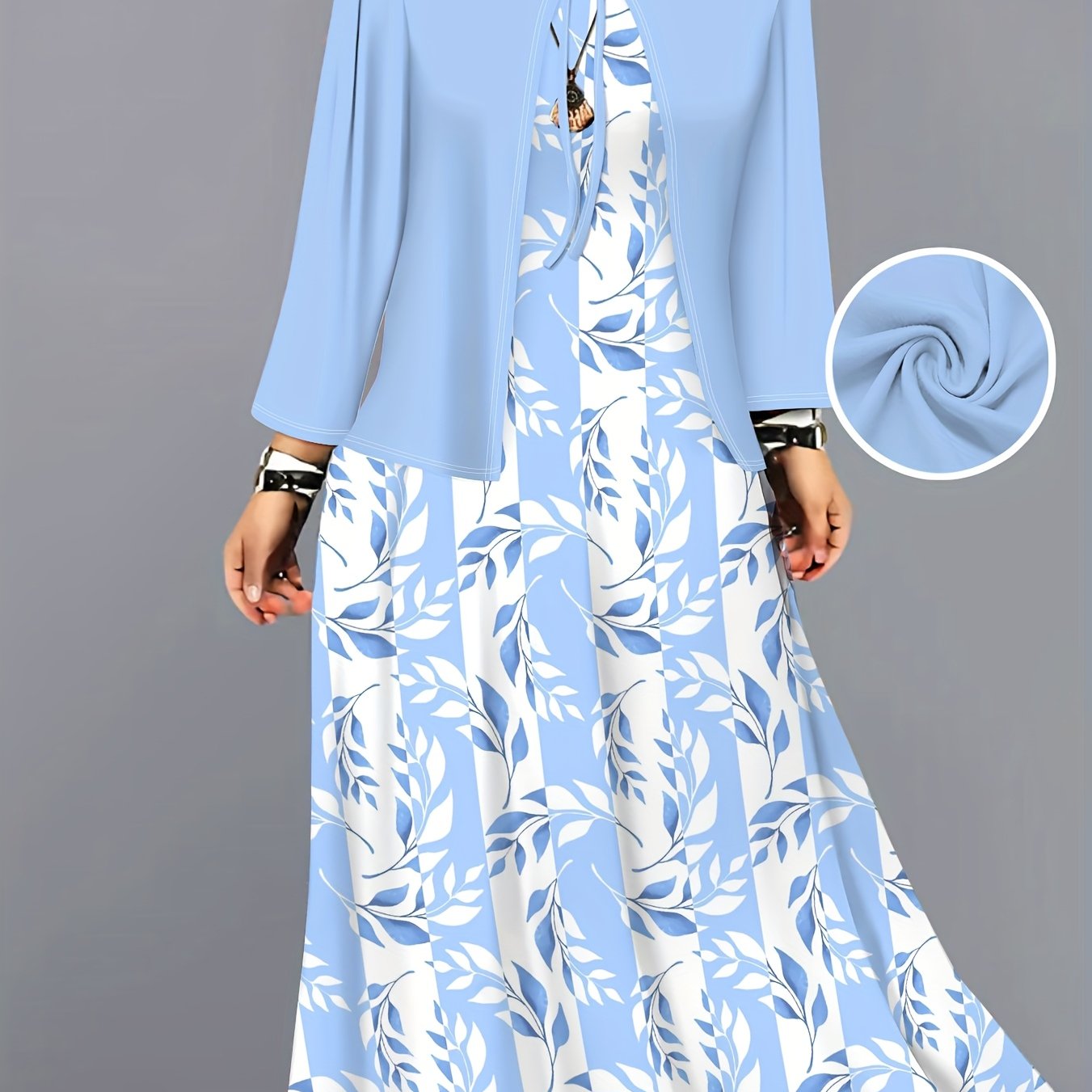 Elegant Dress Set | Drawing Pattern Print Fashion Resort Jacket Vest Long Skirt Set | Spring and Autumn Comfortable Fit Regular Casual Suit with Crew Neck and Fake Drawstring Details