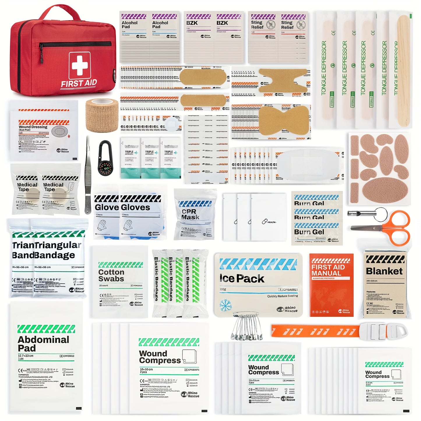 RHINO RESCUTE 240pcs All-in-One First Aid Kit with Portable Case, CPR Mask, Bandages, Gauze Pads, Ice Pack & Splinting Supplies - Heavy-Duty Medical Emergency Kit for Home, School, Office, Camping,, Car & Workplace