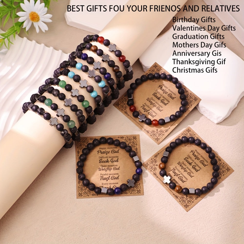 Natural Stone Beaded Christian Bracelet Set With Cross Charms