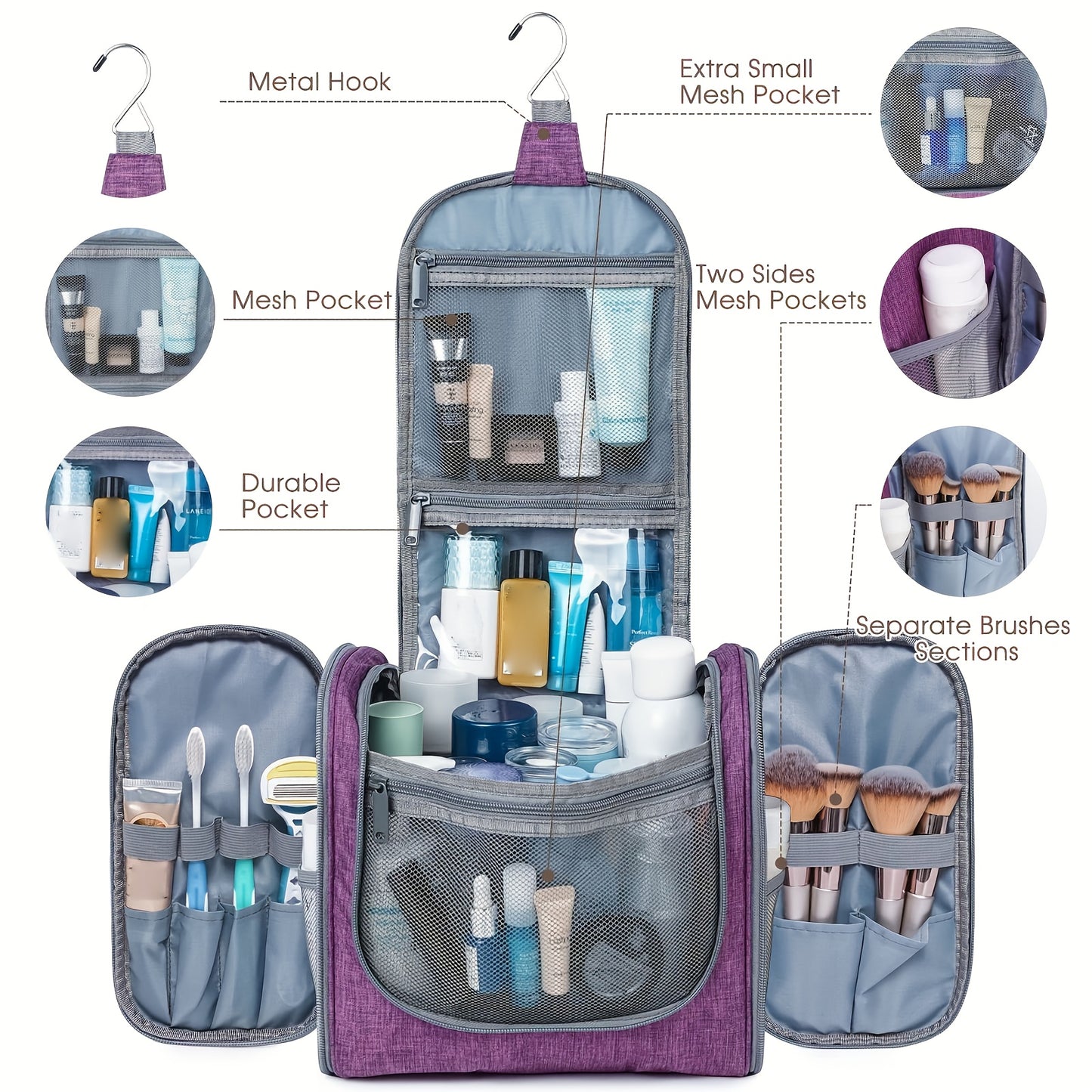 Women's Large Capacity Hanging Toiletry Bag - Travel Cosmetic Organizer with Hanging Hook & Top Handle, Zipper Closure, Lightweight Makeup Case with Multiple Compartments - Elegant Purple, Airport Approved for Carry-On Luggag