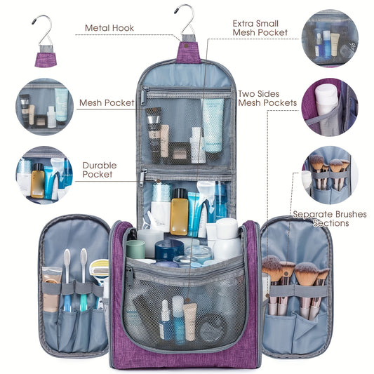Women's Large Capacity Hanging Toiletry Bag - Travel Cosmetic Organizer with Hanging Hook & Top Handle, Zipper Closure, Lightweight Makeup Case with Multiple Compartments - Elegant Purple, Airport Approved for Carry-On Luggag