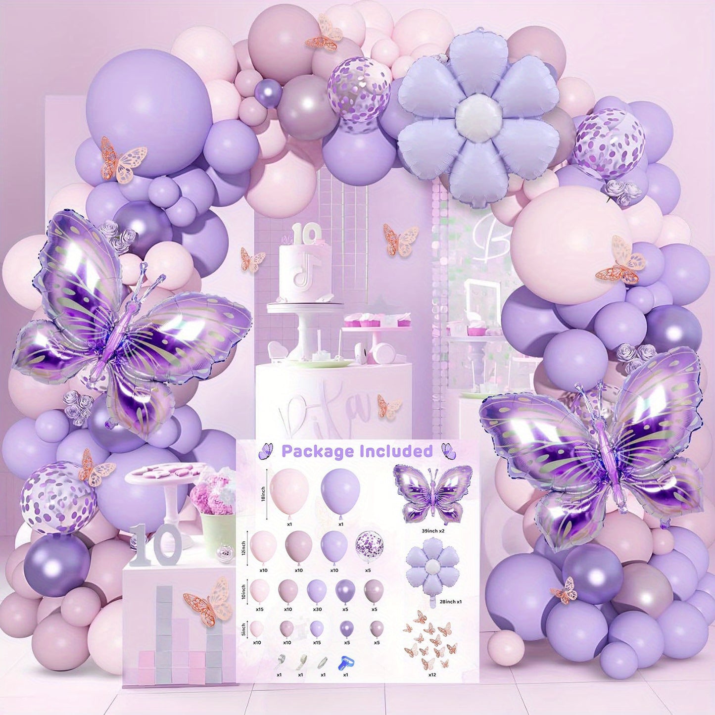 137 Piece Butterfly Series Purple Birthday Balloon Garland Set With Golden White Balloons And Happy Birthday Sign