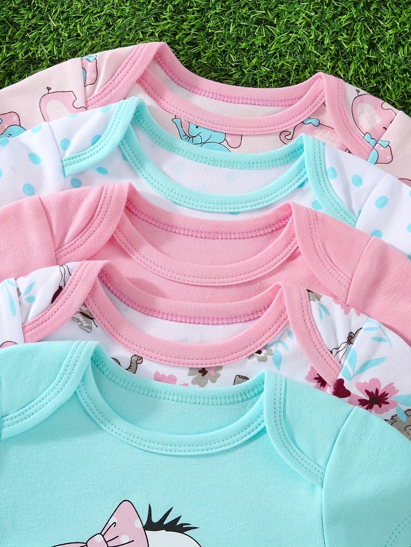 5pcs Set Of Baby Girl Short Sleeved Triangle Jumpsuit, Pink Elephant Cute Baby Girl Hoodie, Crawling Suit, for Outdoor