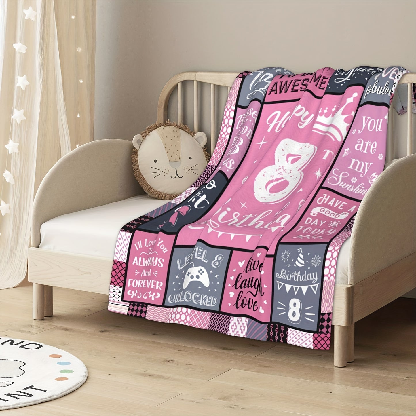 8th Birthday Blanket - Cute & Cozy Flannel Throw with Number 8 & Birthday Phrases, Pink & Girls/Boys Bedding for Pet Beds & Teen Girls/Boys, 280gsm All-Season Soft Gift for 8 Year Olds, Machine Washable Birthday Party Decor