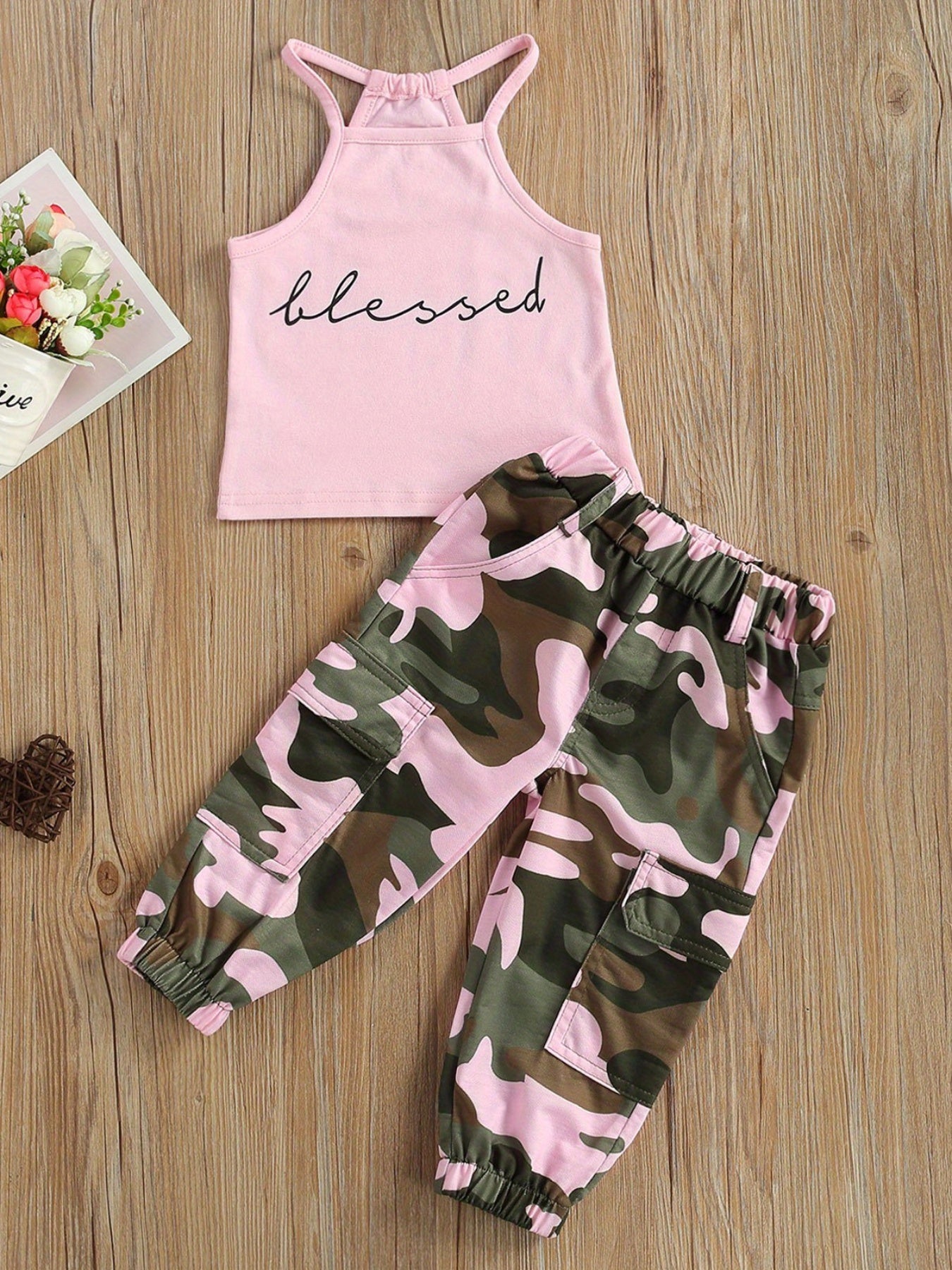Girls 2pcs Clothes Set, Sleeveless Letter Printed High Neck Halter Tops with Camouflage Printed Long Pants