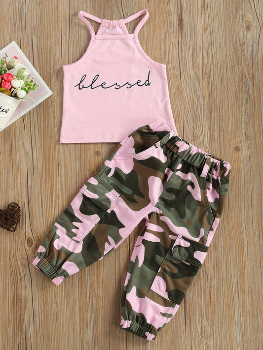 Girls 2pcs Clothes Set, Sleeveless Letter Printed High Neck Halter Tops with Camouflage Printed Long Pants