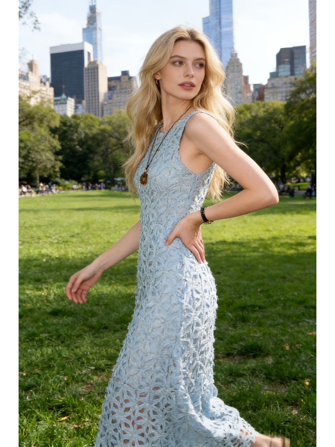 Mint Green Summer Heavy Industry Three-dimensional Floral Hollow-out Dress | Women'S French Gentle Style Temperament Sleeveless Long Dress, Crew Neck, Fit and Flare, Elegant Solid Color Pattern