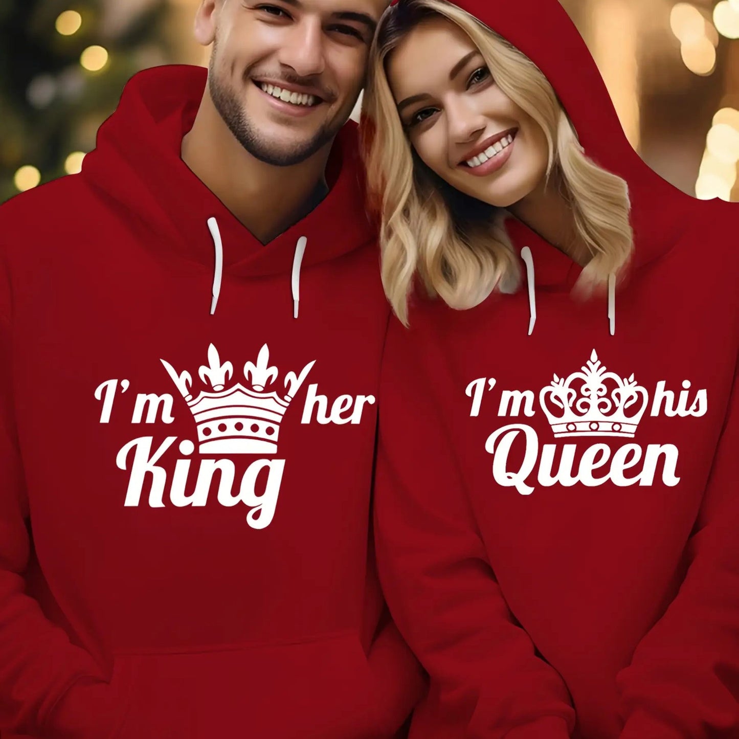 Men's Plus-Size "I'm Her King/His Queen" Couples Sweater - Double-Sided Printed Matching Outfits, Soft Blend Fabric, Loose-Fit Hooded Pullover for Travel & Casual Wear, Machine Washable (Red/White Text) - Valentine's Day Gift